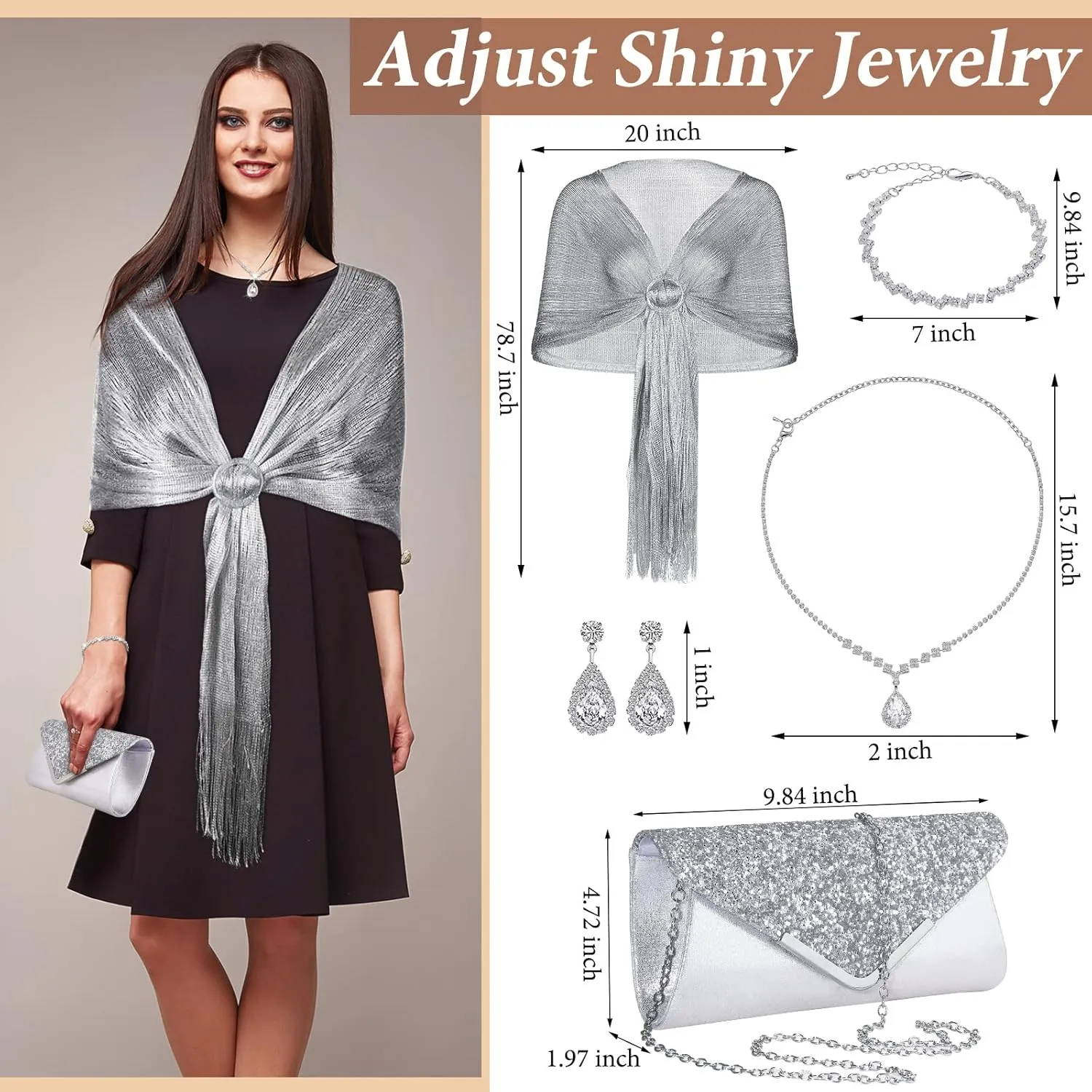 Tiamon 5 Pcs Rhinestone Jewelry Sets Shawls and Wraps Formal Clutch Purses for Women Evening Dresses Bridal Weddings