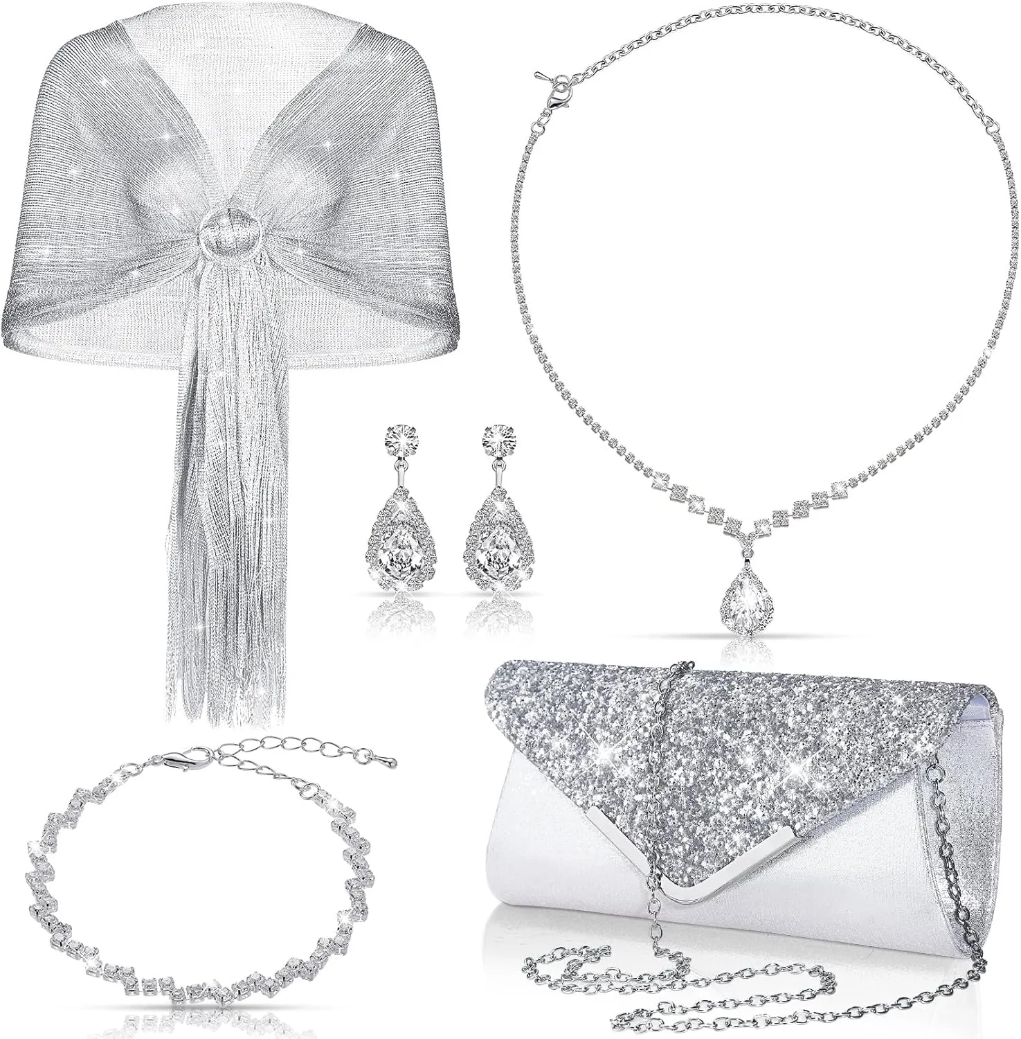 Tiamon 5 Pcs Rhinestone Jewelry Sets Shawls and Wraps Formal Clutch Purses for Women Evening Dresses Bridal Weddings