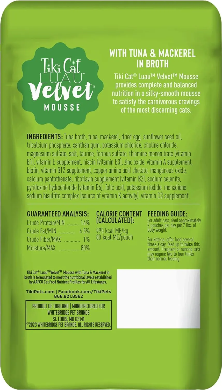 Tiki Cat Luau Velvet Mousse, Tuna & Mackerel in Broth, Complete Nutrition for Balanced Diet, Wet Cat Food For All Life Stages, 2.8 oz. Pouch (12 Count)