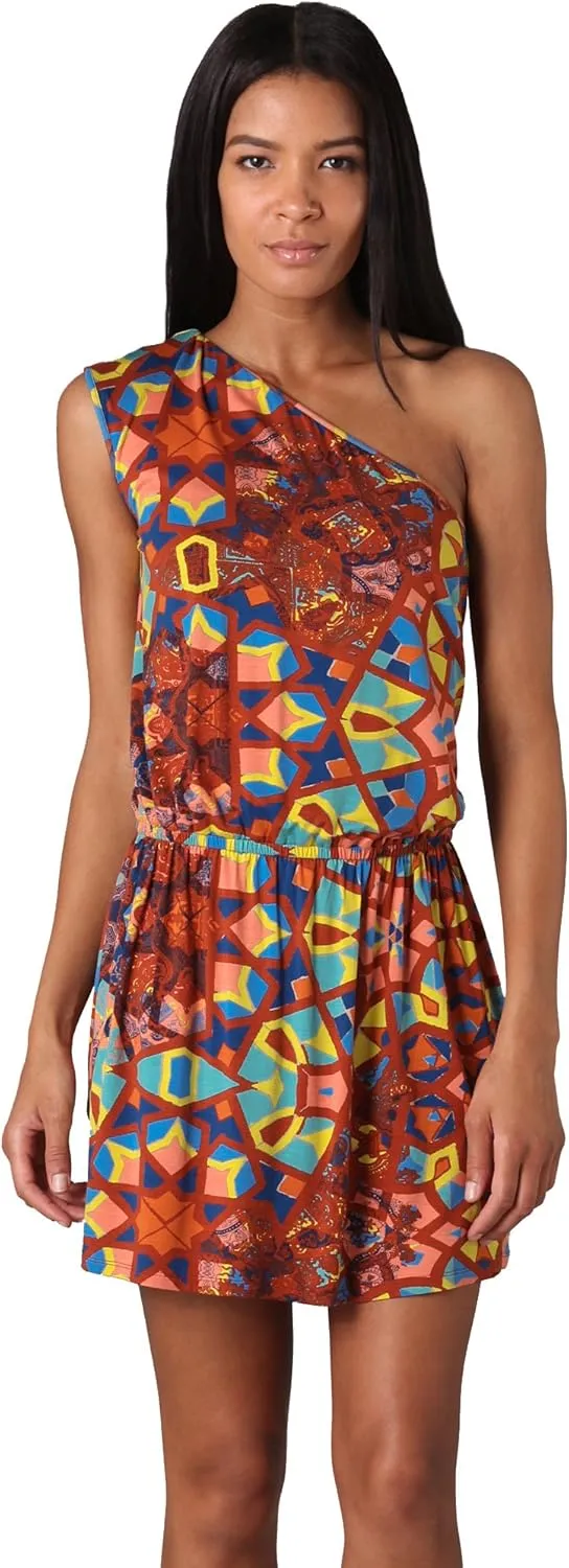   Tile Mosaic One Shoulder Dress, Rust Multi, Large