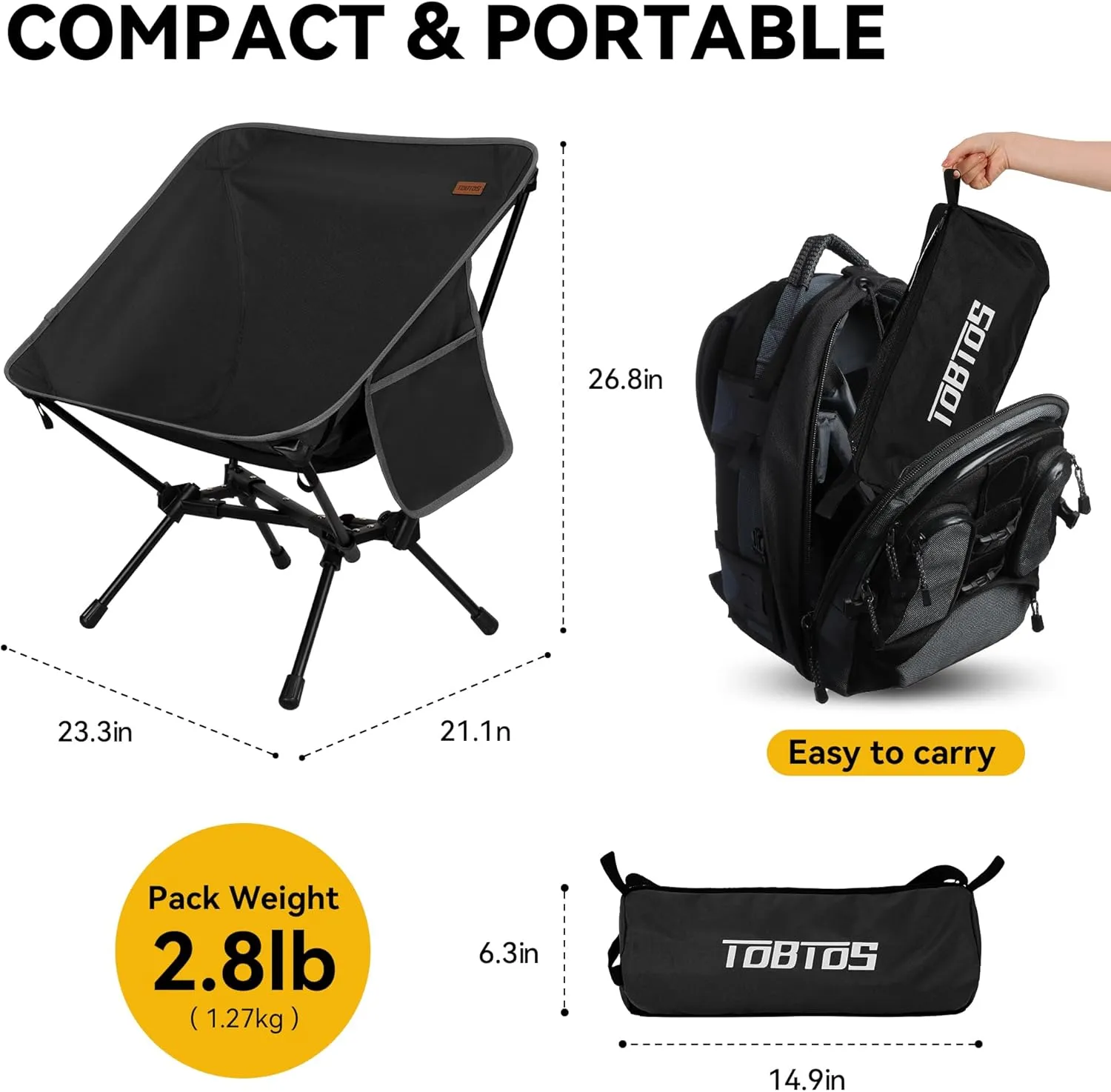 TOBTOS Ultralight Camping Chair, Portable Folding Backpacking Chair, Compact Camping Chair with Carry Bag for Outdoor Camp Hiking Backpack Beach Travel (Black)