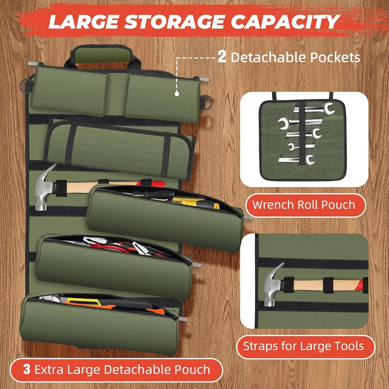 Tool Roll Up Bag, Gifts for Men Dad Husband Him Fathers Day, 1680D Portable Tool Storage for Men, Heavy Duty Tool Organizer with Detachable Pouches&Wrench Roll for Mechanic