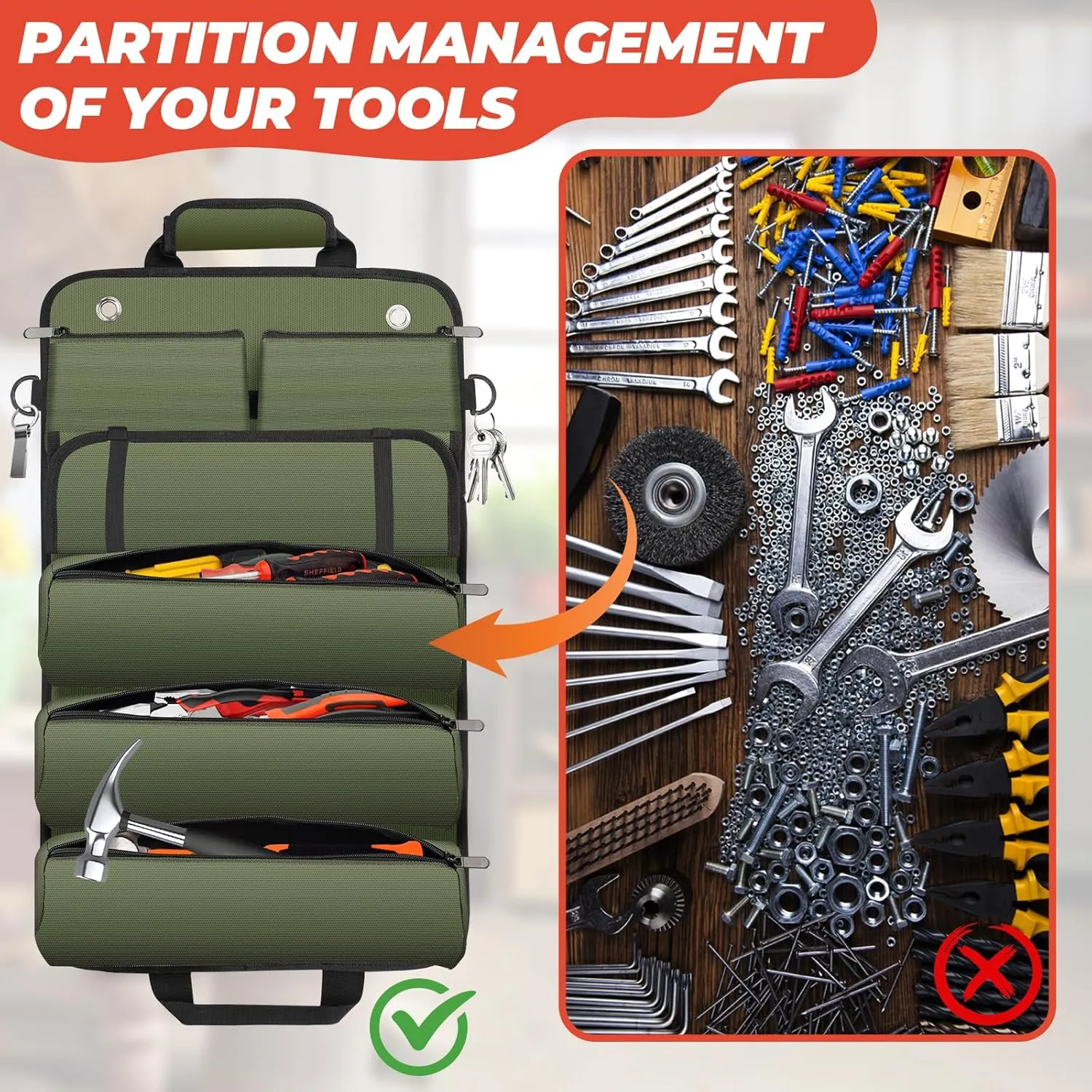 Tool Roll Up Bag, Gifts for Men Dad Husband Him Fathers Day, 1680D Portable Tool Storage for Men, Heavy Duty Tool Organizer with Detachable Pouches&Wrench Roll for Mechanic