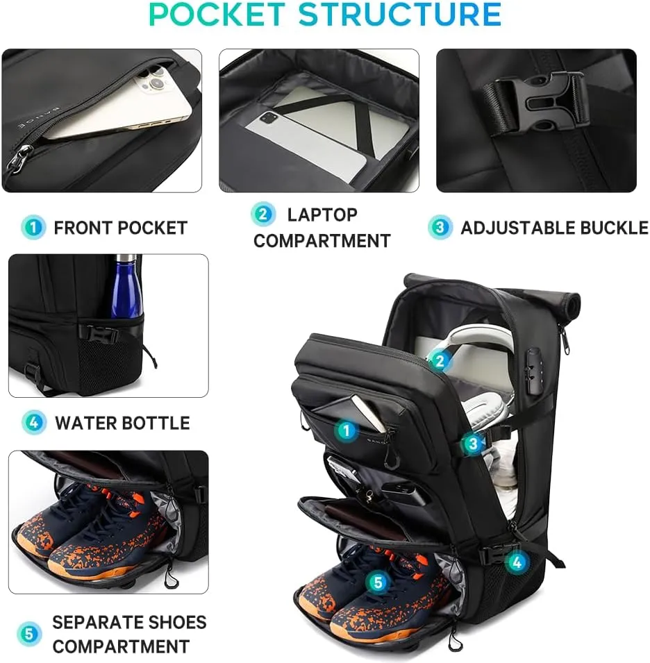 Travel backpack Carry-on Travel Backpack For Women Men Flight Approved Business Weekender Overnight Waterproof Daypack (Black)