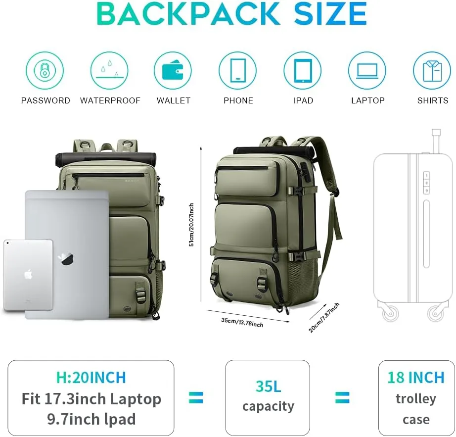 Travel backpack Carry-on Travel Backpack For Women Men Flight Approved Business Weekender Overnight Waterproof Daypack (Green)