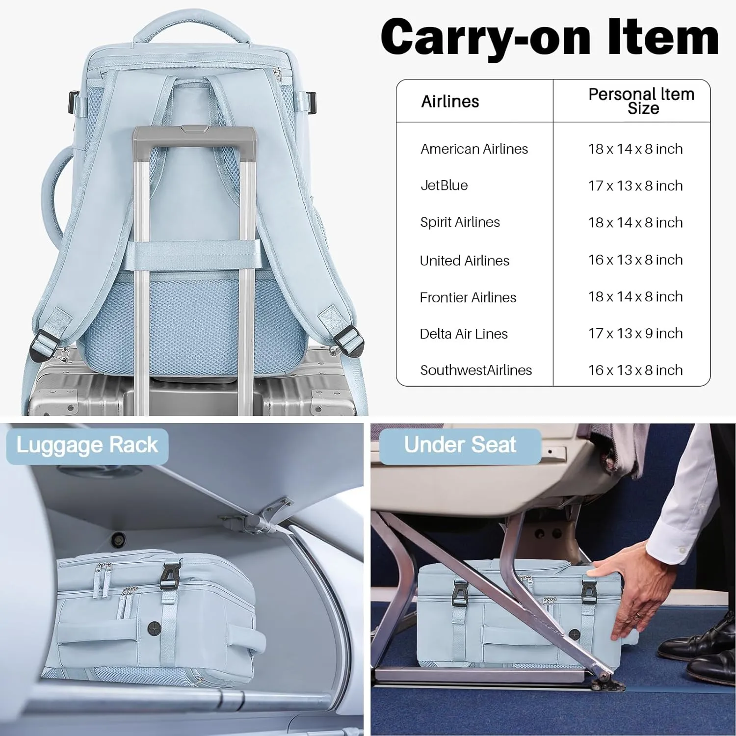 Travel Backpack for Men Women, Carry on Backpack Flight Approved, Personal Item Backpack Bag on Airplanes,Backpacks for Traveling, Travel Essentials,Light Blue