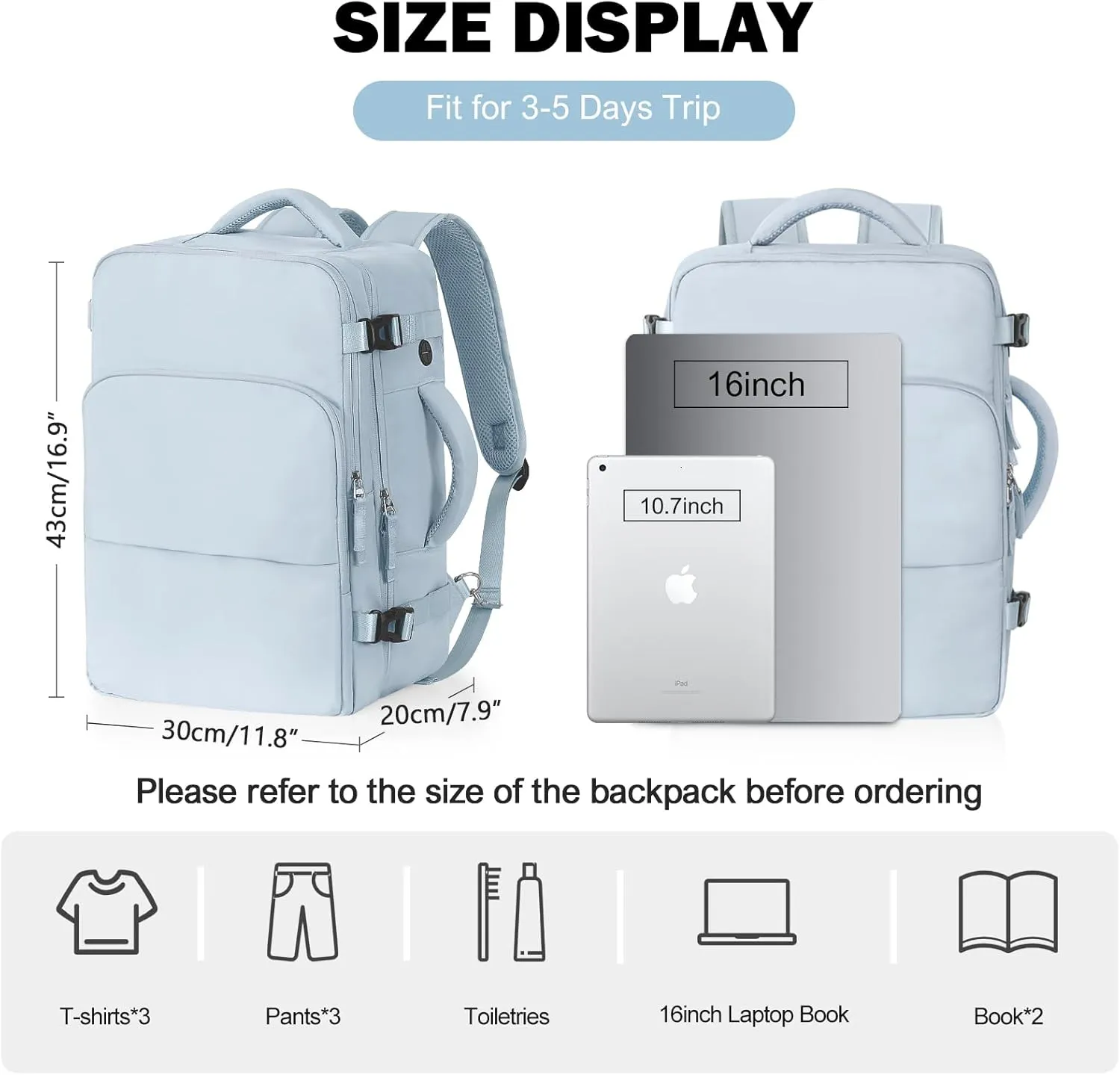 Travel Backpack for Men Women, Carry on Backpack Flight Approved, Personal Item Backpack Bag on Airplanes,Backpacks for Traveling, Travel Essentials,Light Blue