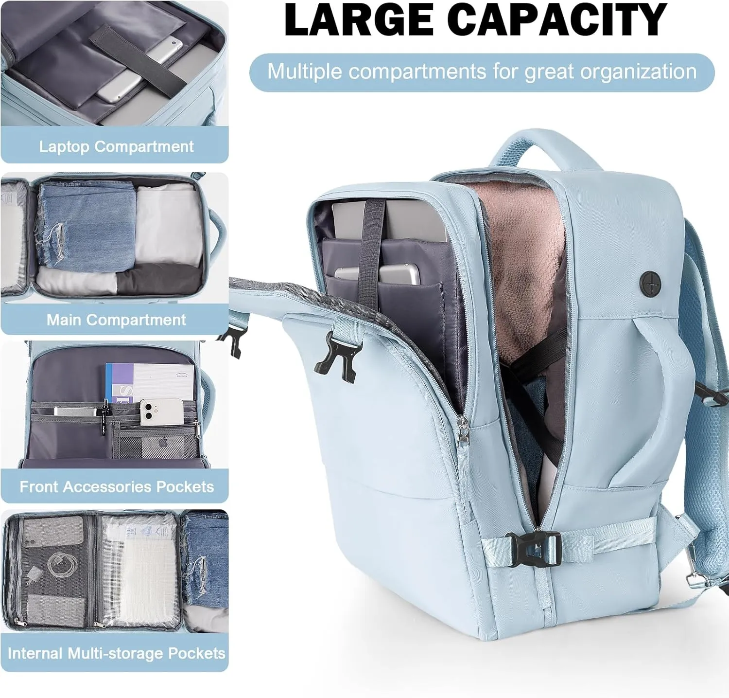Travel Backpack for Men Women, Carry on Backpack Flight Approved, Personal Item Backpack Bag on Airplanes,Backpacks for Traveling, Travel Essentials,Light Blue