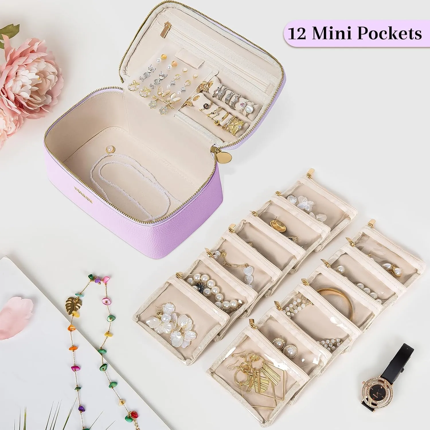 Travel Jewelry Box with 12 Pouches, Leather Jewelry Organizer Case for Women Girl for Necklace Earring Bracelet Ring, Jewelry Holder Organizer Box,Wedding Birthday Gift Idea