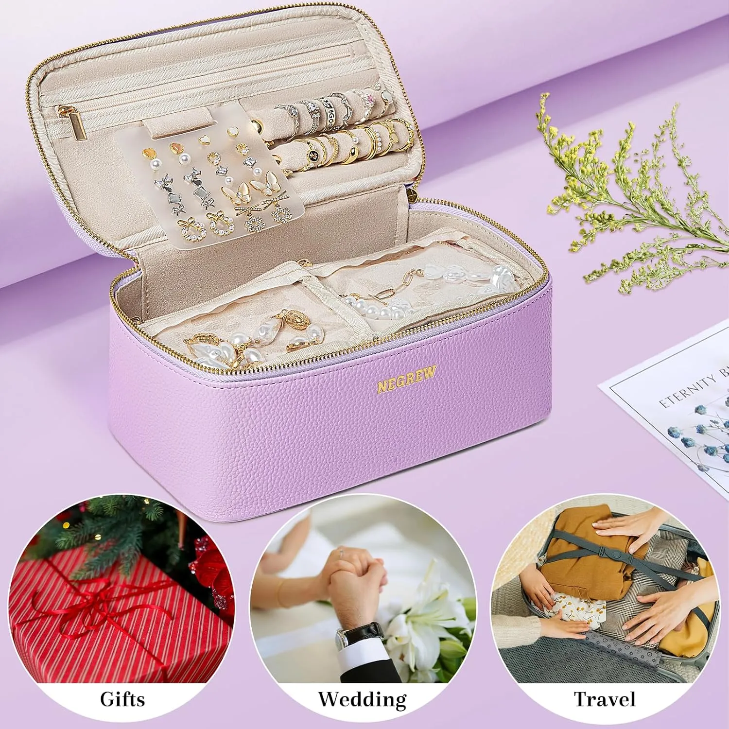 Travel Jewelry Box with 12 Pouches, Leather Jewelry Organizer Case for Women Girl for Necklace Earring Bracelet Ring, Jewelry Holder Organizer Box,Wedding Birthday Gift Idea