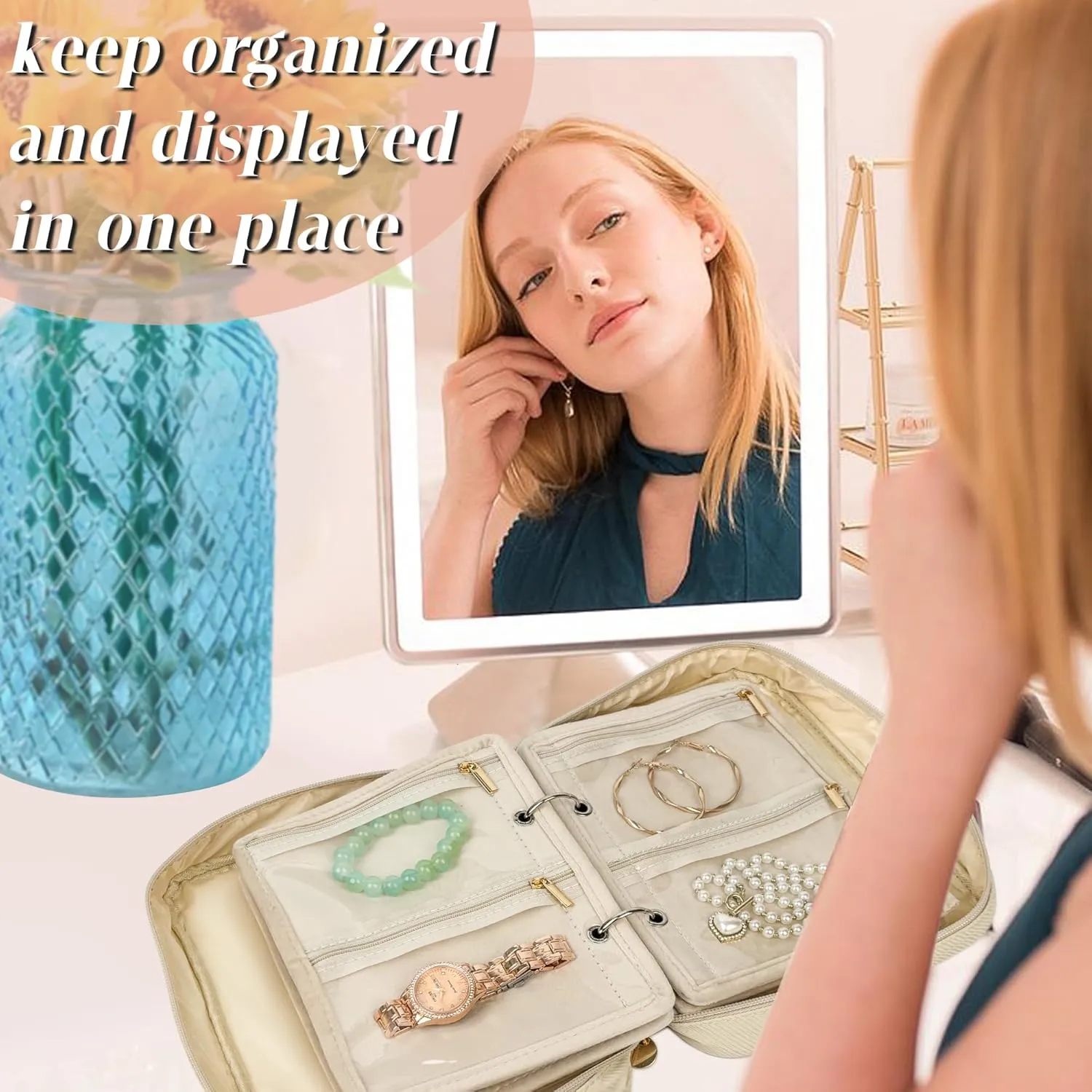 Travel Jewelry Organizer Case,Jewelry Bags for Traveling, Jewelry Binder with 24 Pcs Clear Zipper Velvet Pouches for Storing Earrings, Rings, Necklace, Bracelet, Watch (Beige)