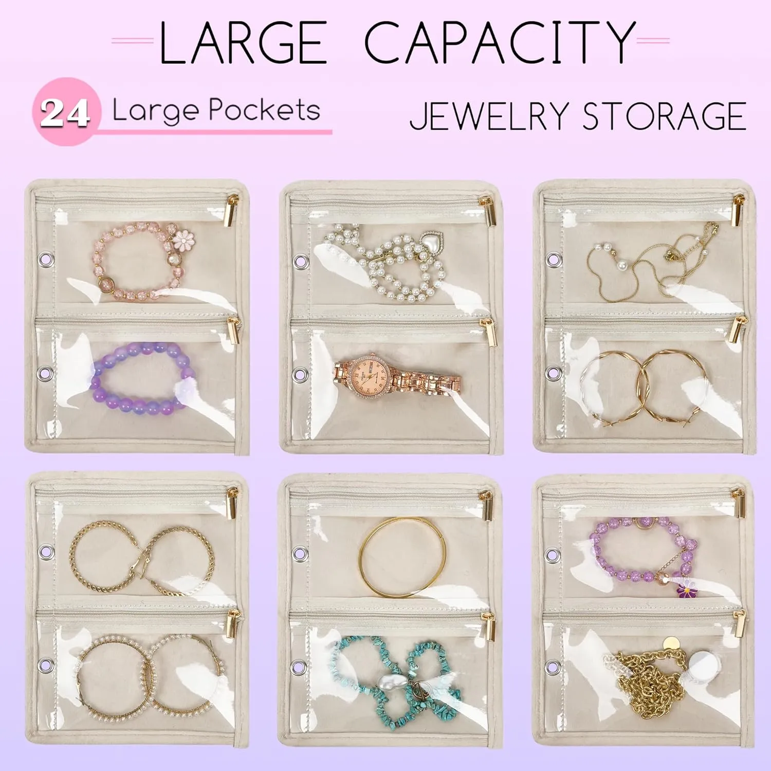 Travel Jewelry Organizer Case,Small Jewelry Bags for Traveling, Jewelry Binder with 24 Pcs Clear Zipper Velvet Pouches (Pink)