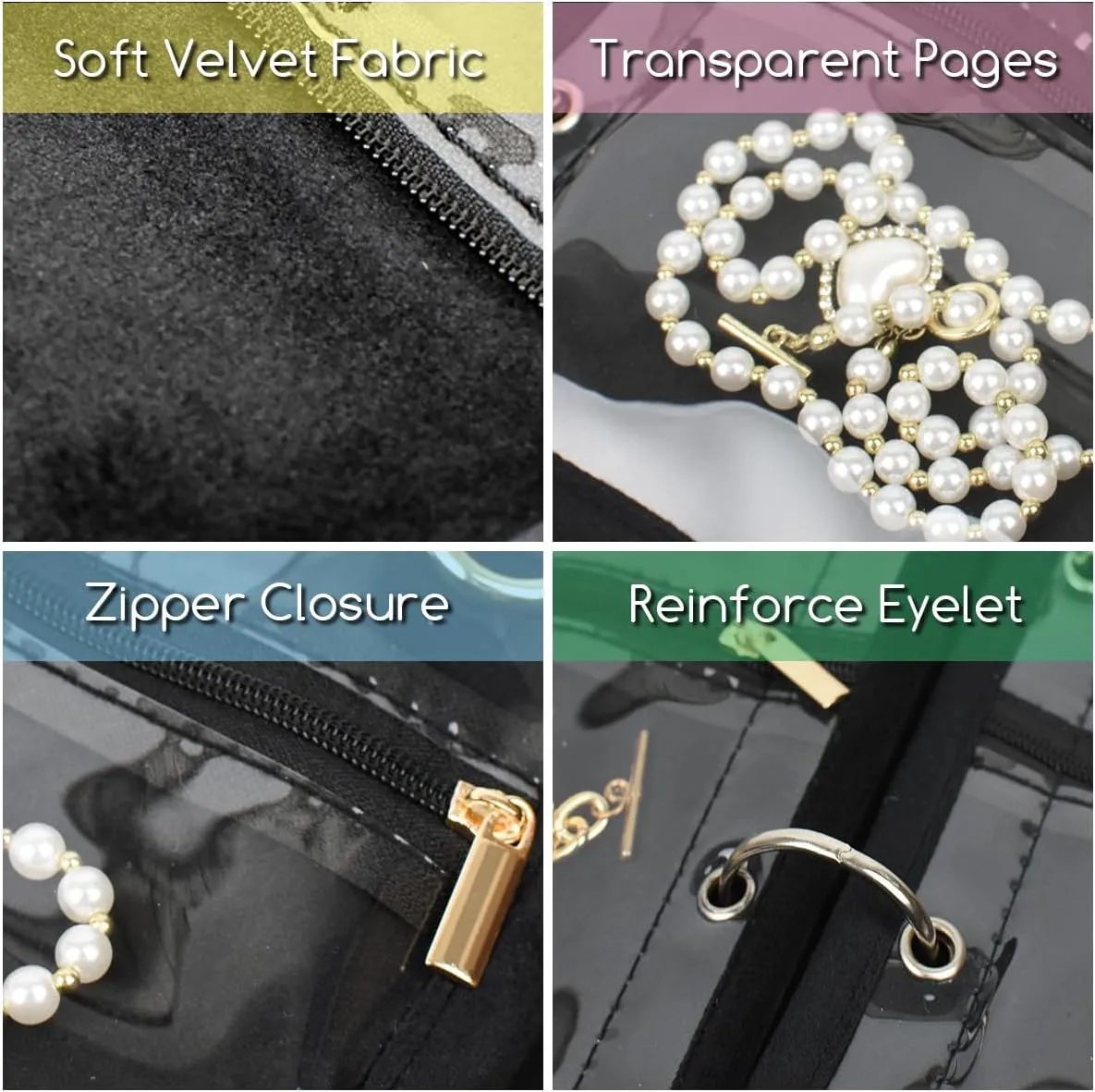 Travel Jewelry Organizer Case,Small Jewelry Bags Jewelry Storage Book Ring Binder with Clear Zipper Velvet Pouch for Traveling