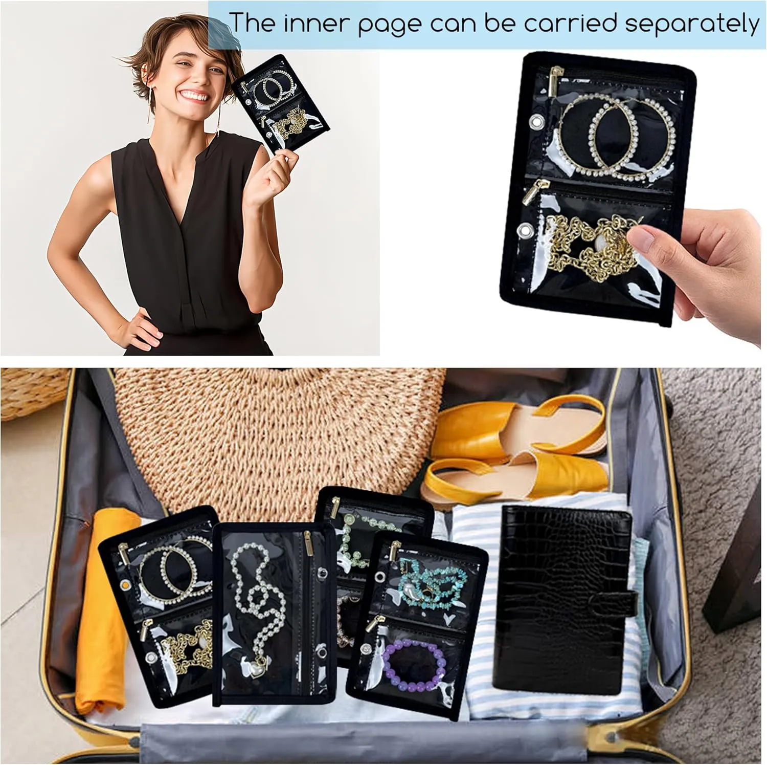 Travel Jewelry Organizer Case,Small Jewelry Bags Jewelry Storage Book Ring Binder with Clear Zipper Velvet Pouch for Traveling