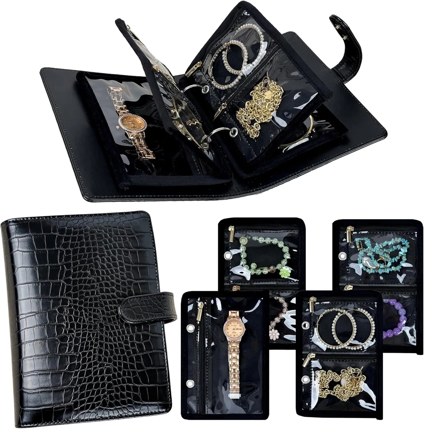 Travel Jewelry Organizer Case,Small Jewelry Bags Jewelry Storage Book Ring Binder with Clear Zipper Velvet Pouch for Traveling