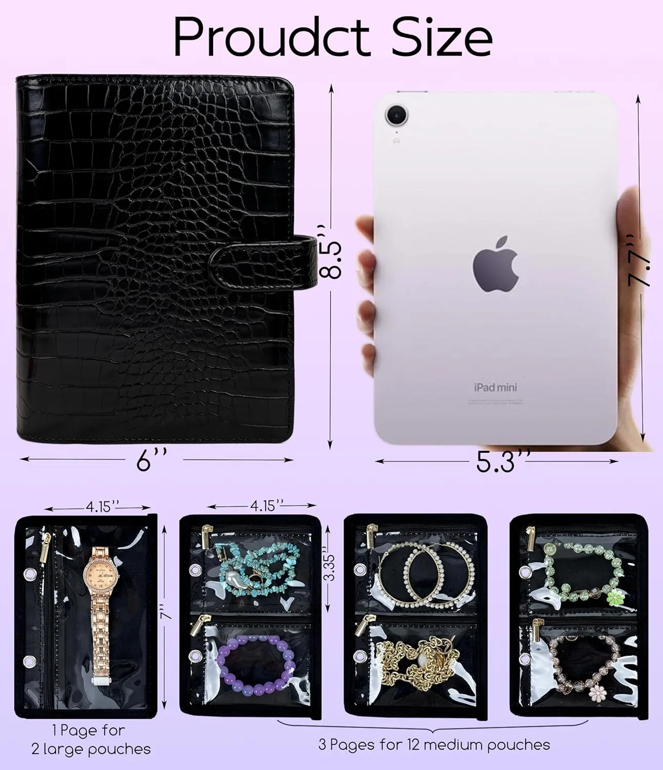 Travel Jewelry Organizer Case,Small Jewelry Bags Jewelry Storage Book Ring Binder with Clear Zipper Velvet Pouch for Traveling