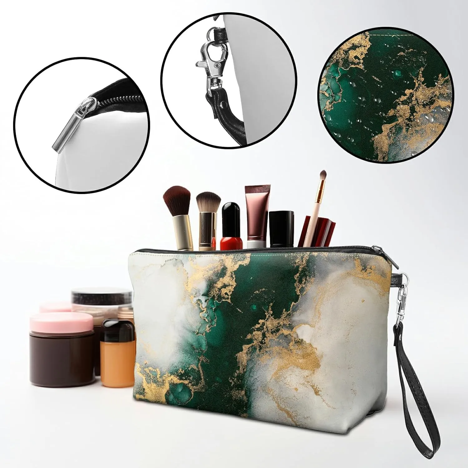 Travel Makeup Bag with Detachable Wrist Strap, Green Marble Stocking Stuffers for Teen Women Toiletry Storage Bag Water Resistant Portable Change Coin Small Purse Zipper Pouch