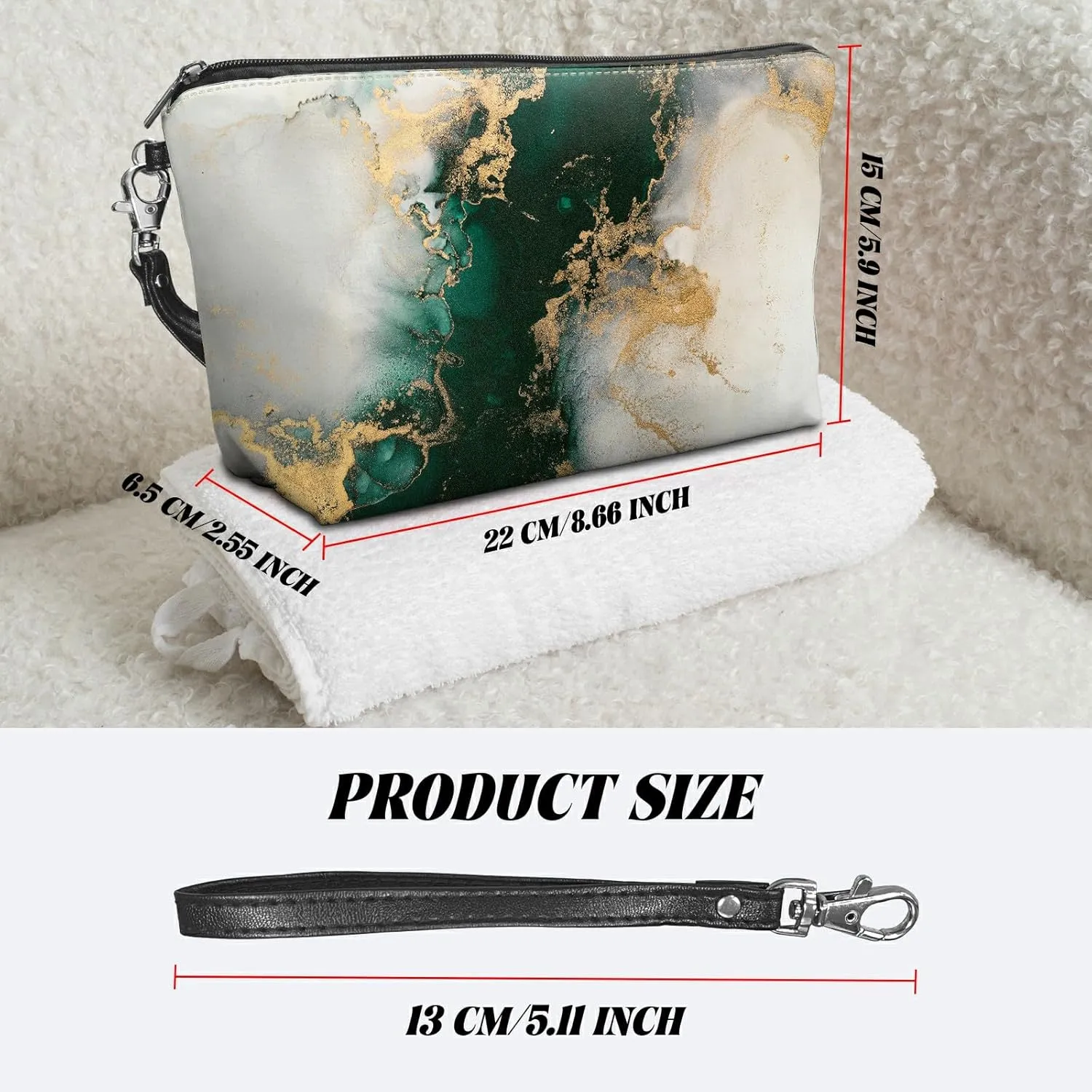 Travel Makeup Bag with Detachable Wrist Strap, Green Marble Stocking Stuffers for Teen Women Toiletry Storage Bag Water Resistant Portable Change Coin Small Purse Zipper Pouch
