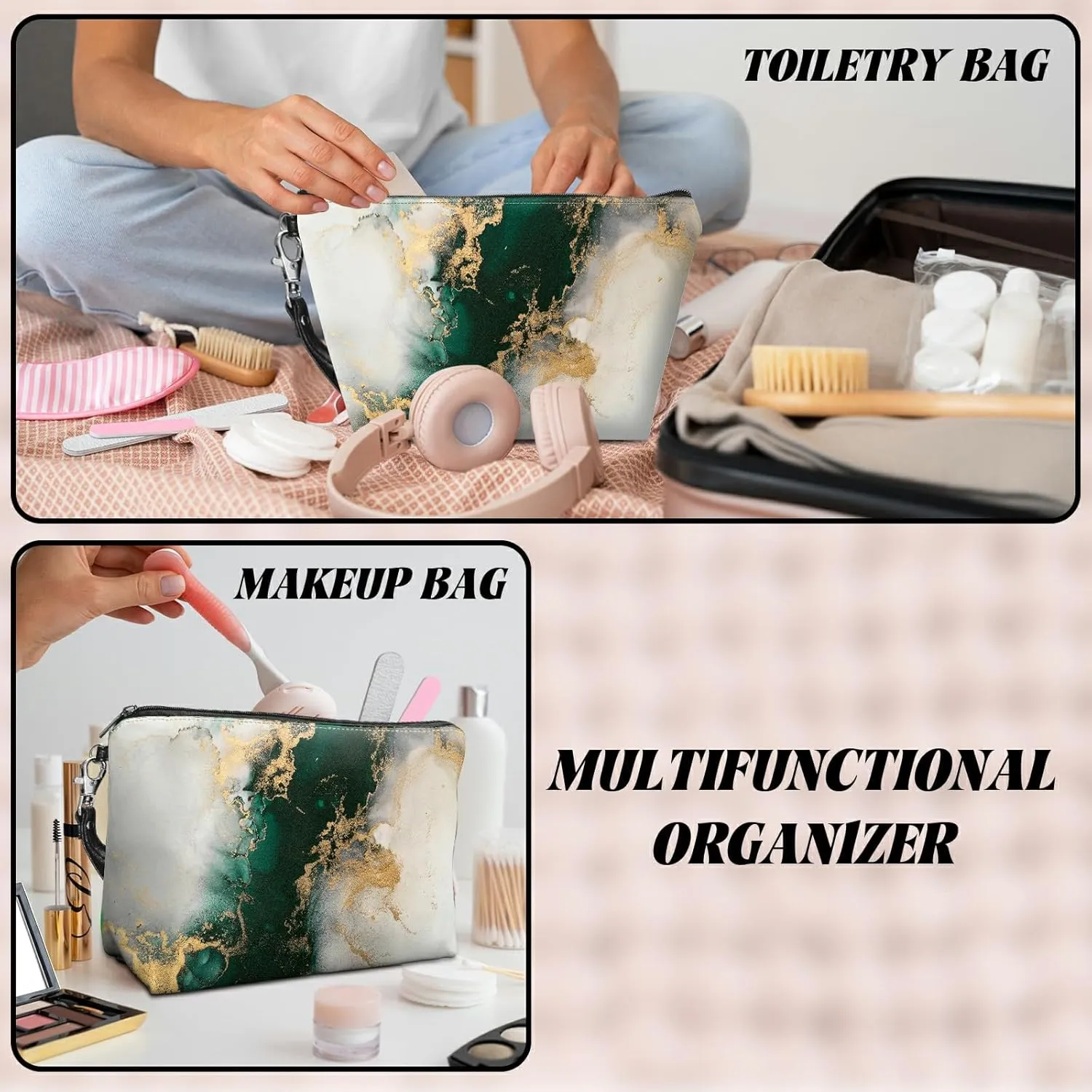 Travel Makeup Bag with Detachable Wrist Strap, Green Marble Stocking Stuffers for Teen Women Toiletry Storage Bag Water Resistant Portable Change Coin Small Purse Zipper Pouch