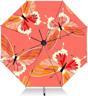 Travel Umbrella for Rain Windproof butterflies coral color design butterfly Automatic Cute Portable Compact Umbrella for Women Purse Backpack Car Black Sun UV Protection