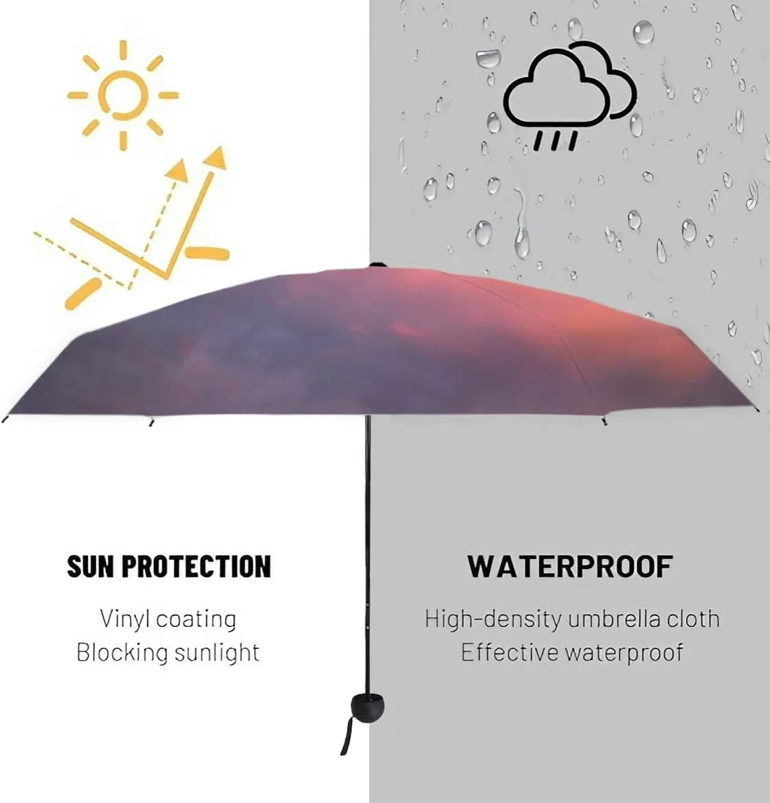 Travel Umbrella for Rain Windproof Sky Cloud Sky Cloudscape Sunset Overcast Automatic Cute Portable Compact Umbrella for Women Purse Backpack Car Black Sun UV Protection