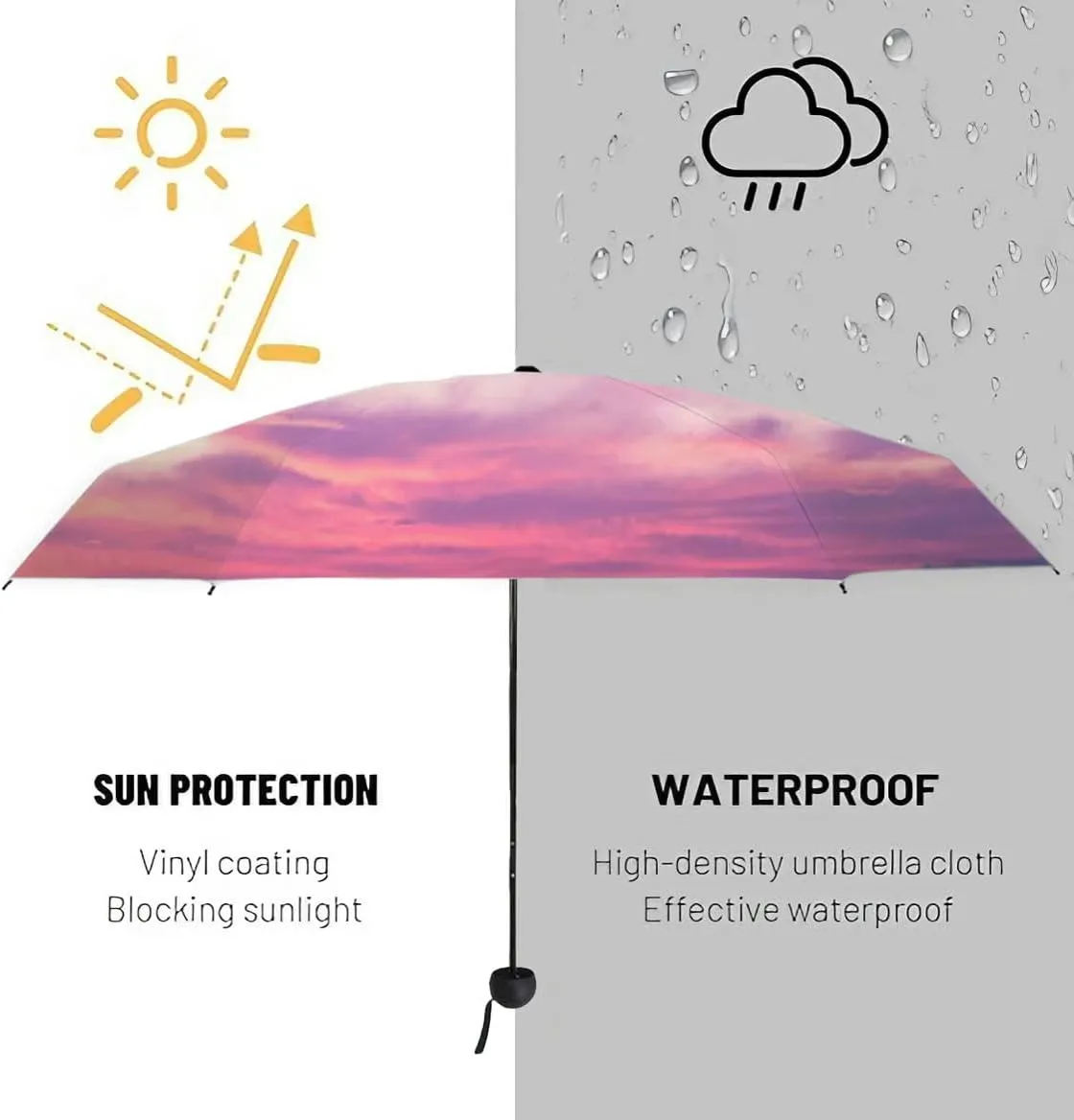 Travel Umbrella for Rain Windproof Sky Cloud Sky Cloudscape Sunset Overcast Automatic Cute Portable Compact Umbrella for Women Purse Backpack Car Black Sun UV Protection
