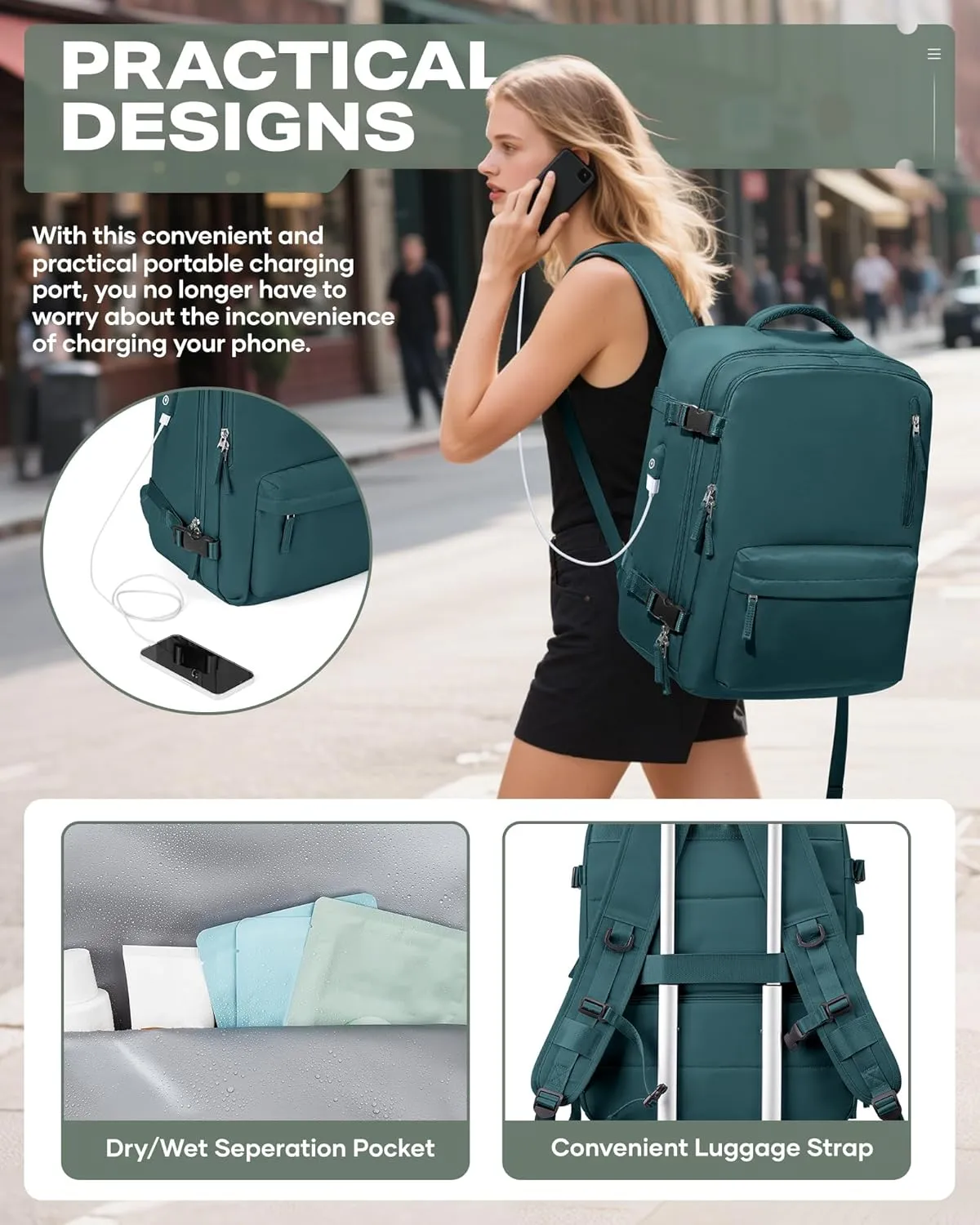 Travel Vacuum Backpack for Women Men, 33L Large Carry on Luggage Flight Approved, 18x14x8 IN Personal Item Travel Bag with Wet Dry Separation Pocket USB Charging, Peacock Blue