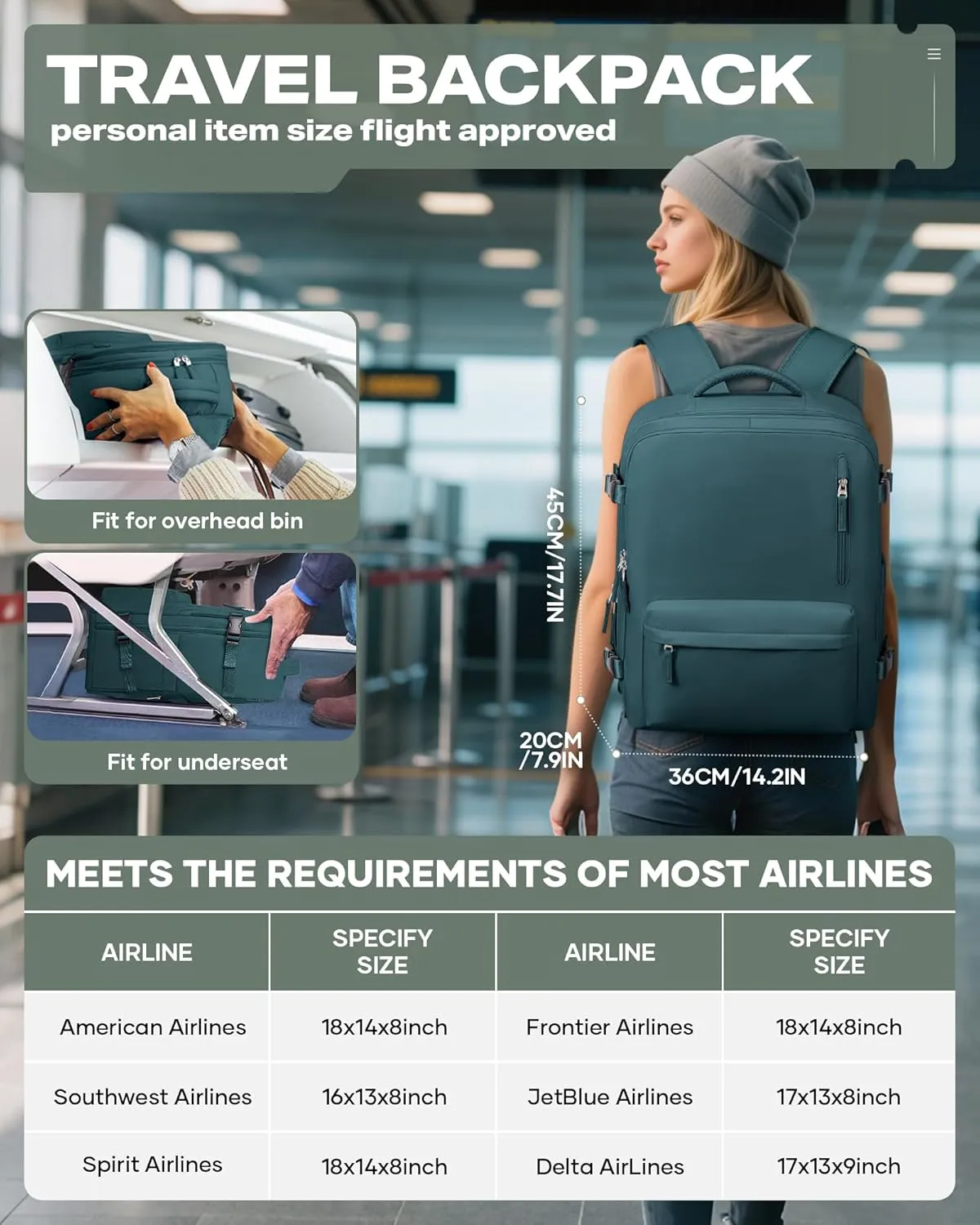 Travel Vacuum Backpack for Women Men, 33L Large Carry on Luggage Flight Approved, 18x14x8 IN Personal Item Travel Bag with Wet Dry Separation Pocket USB Charging, Peacock Blue