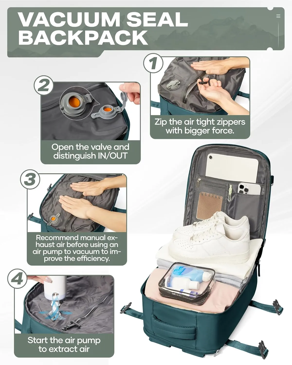 Travel Vacuum Backpack for Women Men, 33L Large Carry on Luggage Flight Approved, 18x14x8 IN Personal Item Travel Bag with Wet Dry Separation Pocket USB Charging, Peacock Blue