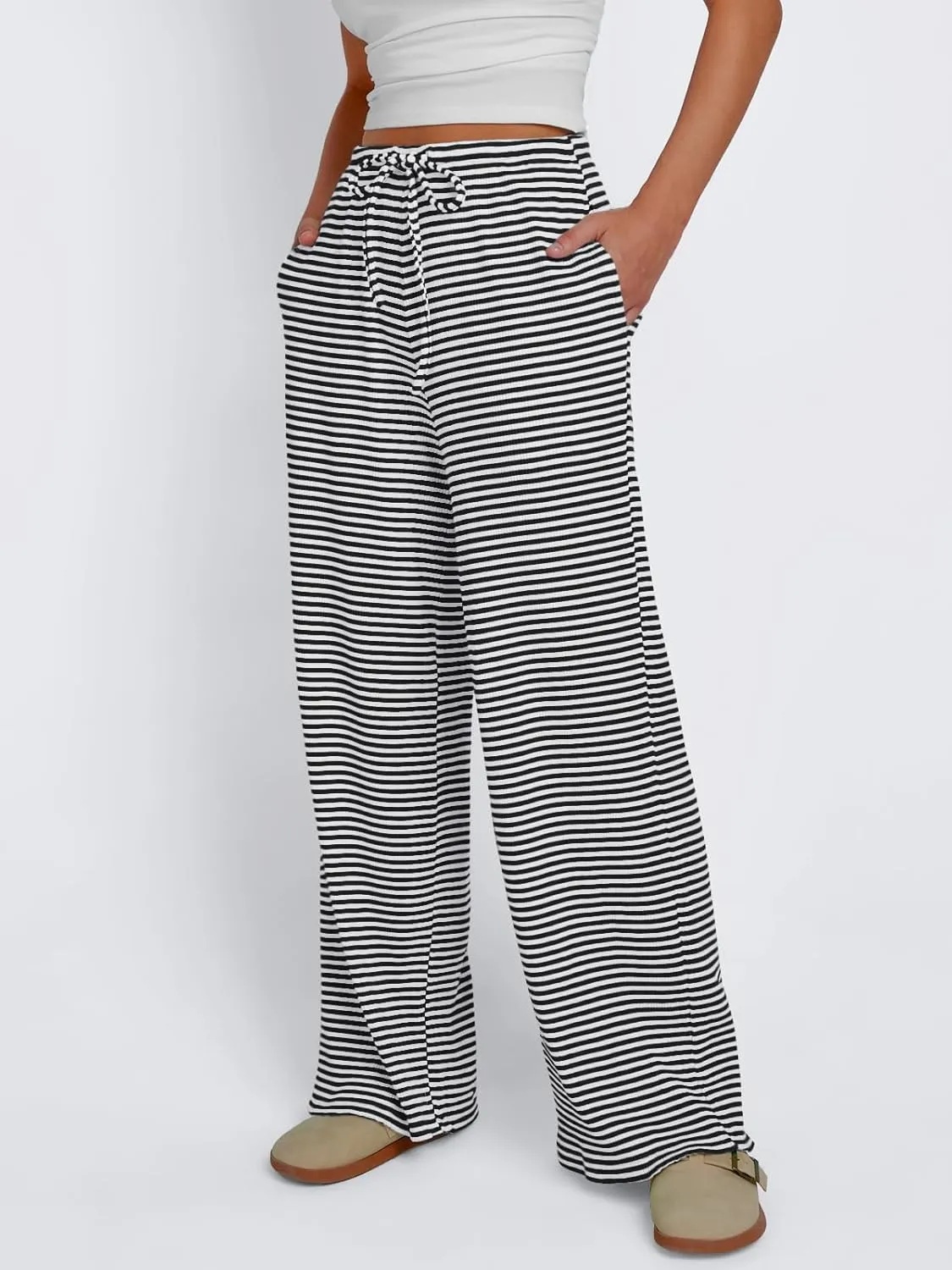 Trendy Queen Womens Striped Ribbed Wide Leg Pants Casual Drawstring Elastic Waist Baggy Sweatpants with Pockets