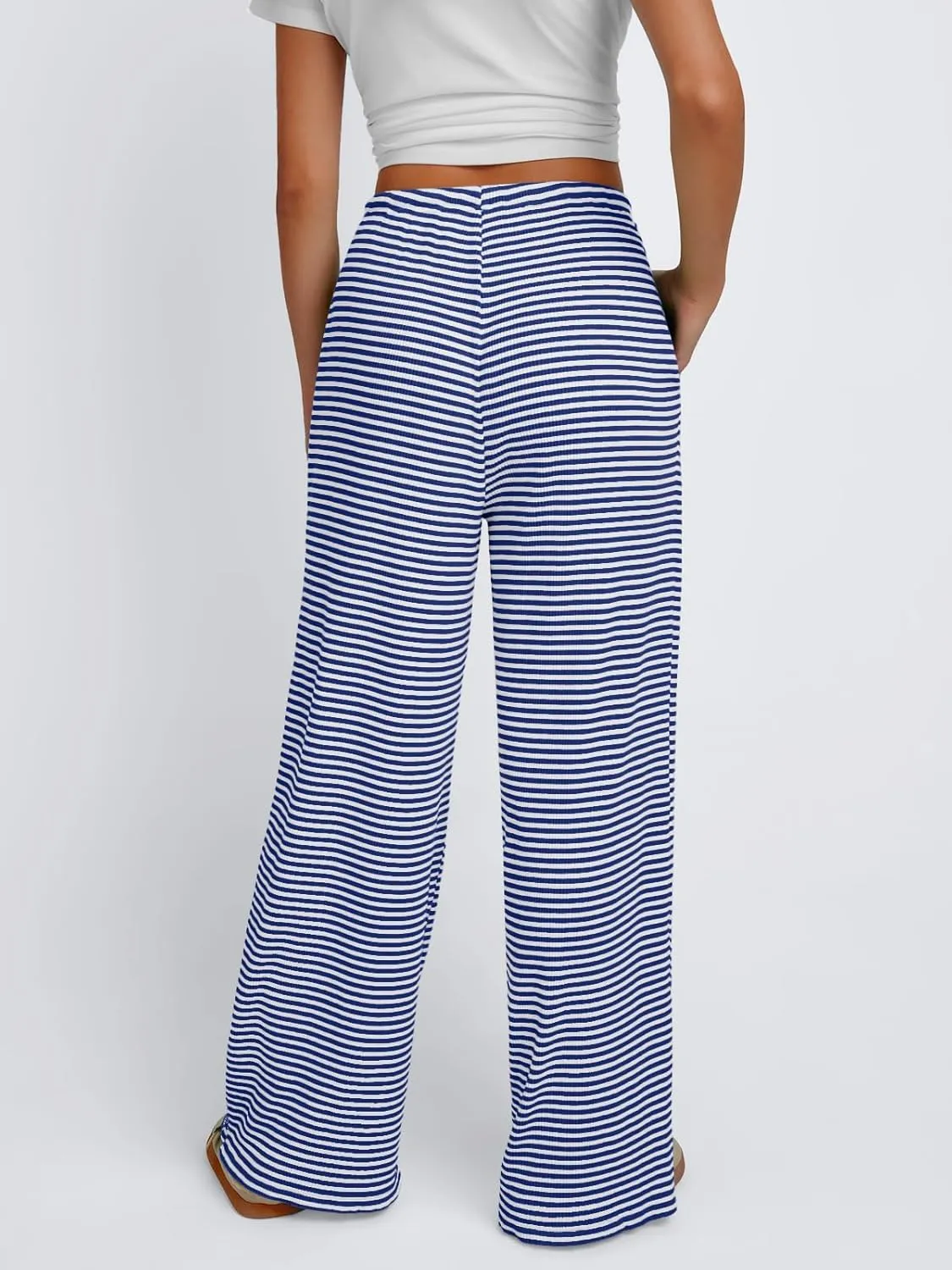Trendy Queen Womens Striped Ribbed Wide Leg Pants Casual Drawstring Elastic Waist Baggy Sweatpants with Pockets