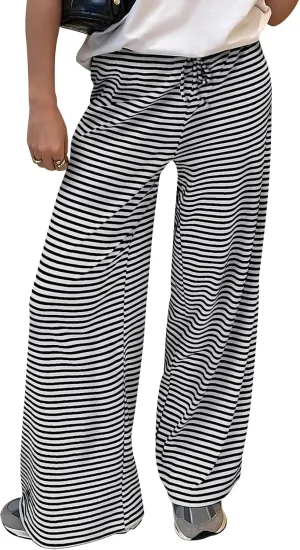 Trendy Queen Womens Striped Ribbed Wide Leg Pants Casual Drawstring Elastic Waist Baggy Sweatpants with Pockets
