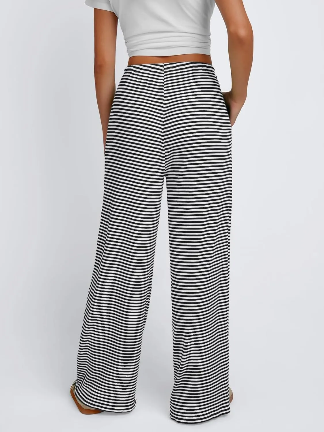 Trendy Queen Womens Striped Ribbed Wide Leg Pants Casual Drawstring Elastic Waist Baggy Sweatpants with Pockets