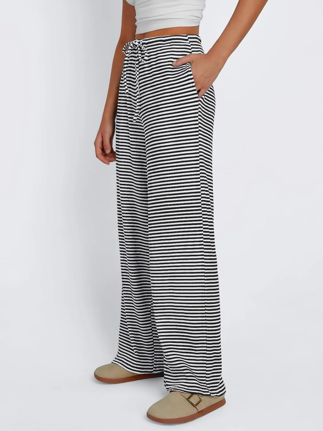 Trendy Queen Womens Striped Ribbed Wide Leg Pants Casual Drawstring Elastic Waist Baggy Sweatpants with Pockets