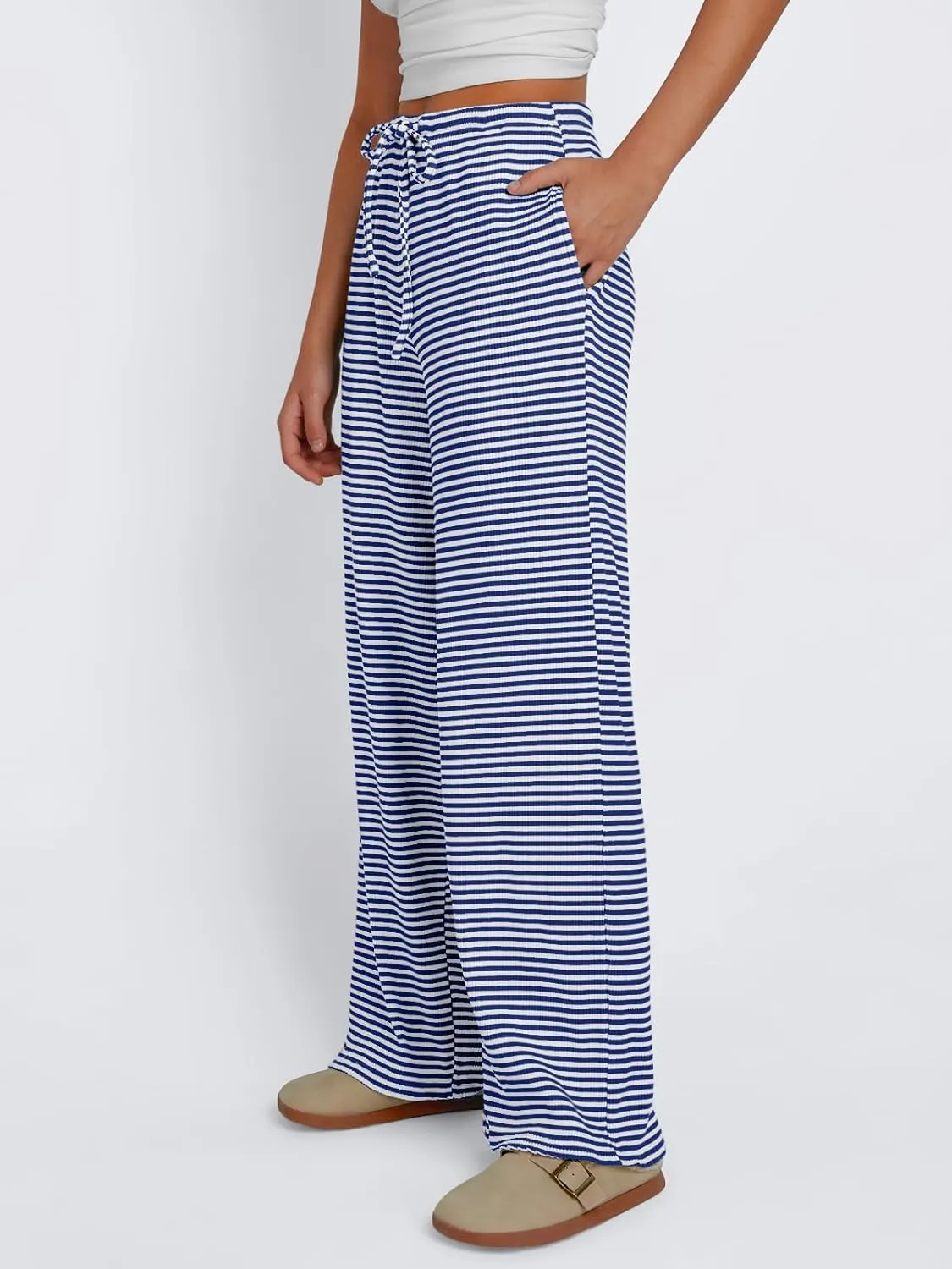 Trendy Queen Womens Striped Ribbed Wide Leg Pants Casual Drawstring Elastic Waist Baggy Sweatpants with Pockets