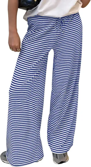 Trendy Queen Womens Striped Ribbed Wide Leg Pants Casual Drawstring Elastic Waist Baggy Sweatpants with Pockets