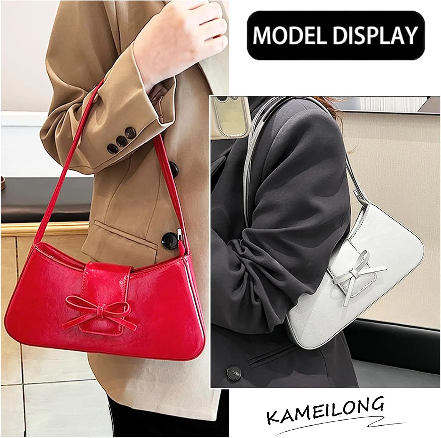 Trendy Red Shoulder Bag for Women Patent Leather Hobo Handbags Y2K Purses Clutch Bag Cute Bow Purse