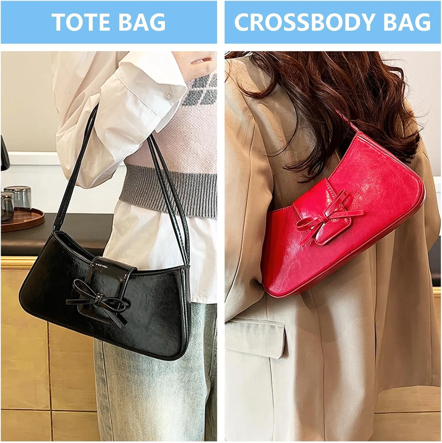 Trendy Red Shoulder Bag for Women Patent Leather Hobo Handbags Y2K Purses Clutch Bag Cute Bow Purse