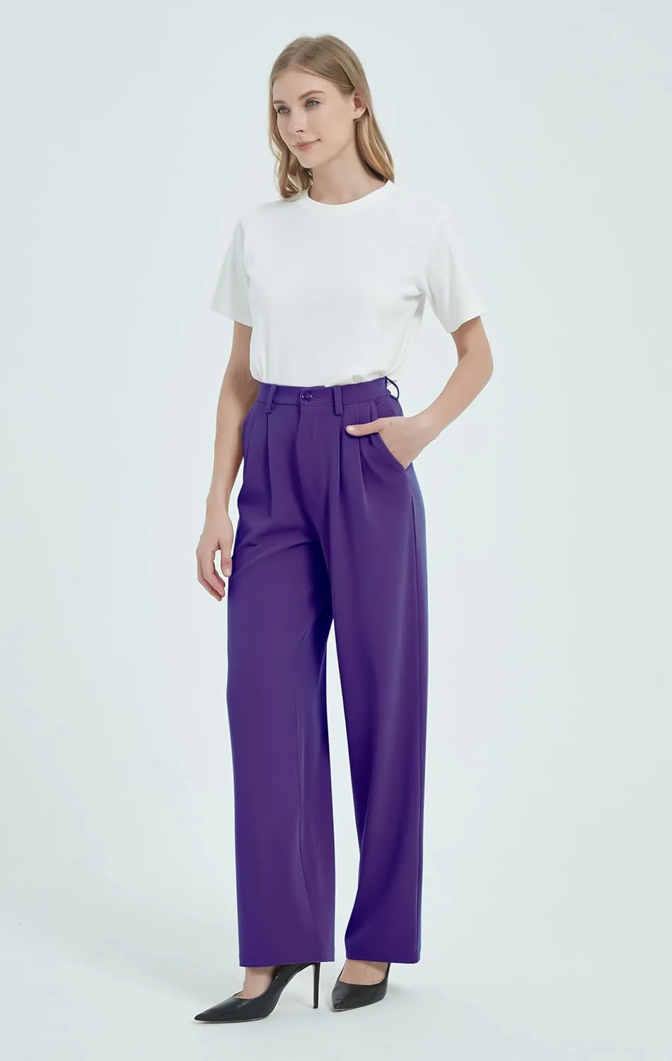Tronjori Women High Waist Casual Straight Leg Dress Pants Office Work Trousers Suit Pants Back Elastic Waistband