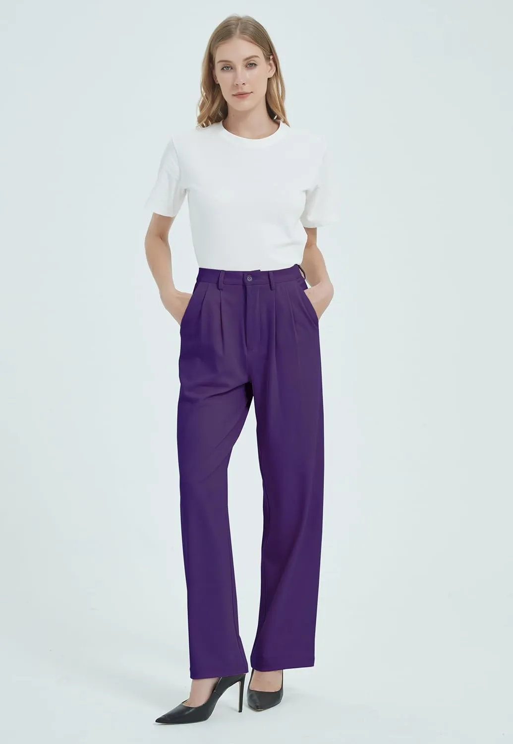 Tronjori Women High Waist Casual Straight Leg Dress Pants Office Work Trousers Suit Pants Back Elastic Waistband