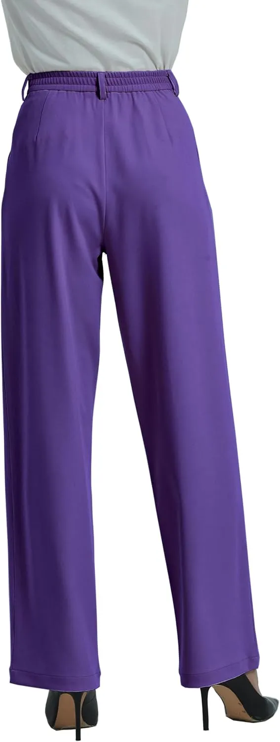Tronjori Women High Waist Casual Straight Leg Dress Pants Office Work Trousers Suit Pants Back Elastic Waistband