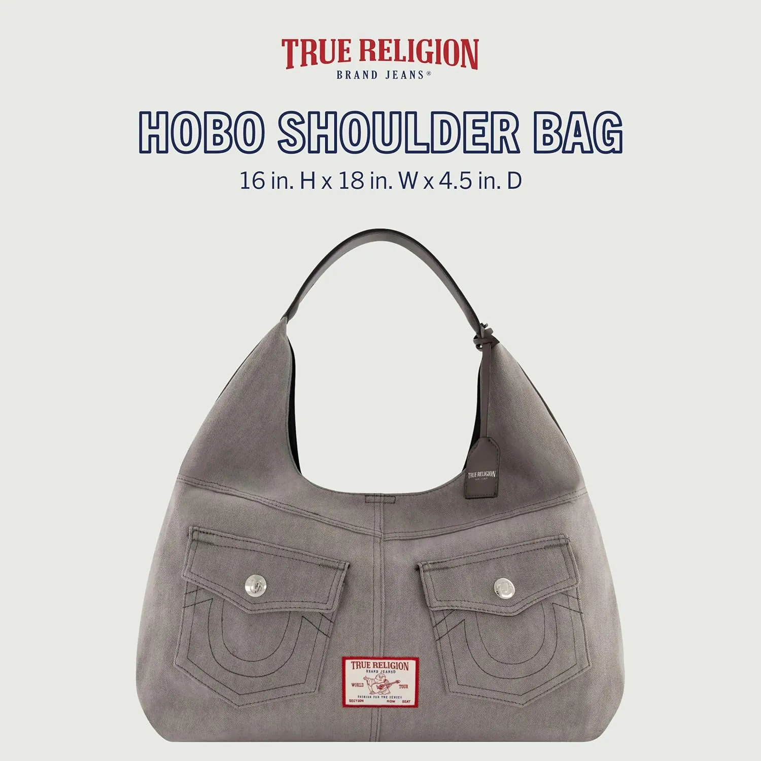 True Religion Women's Shoulder Bag Purse, Large Hobo Handbag with Front Pockets