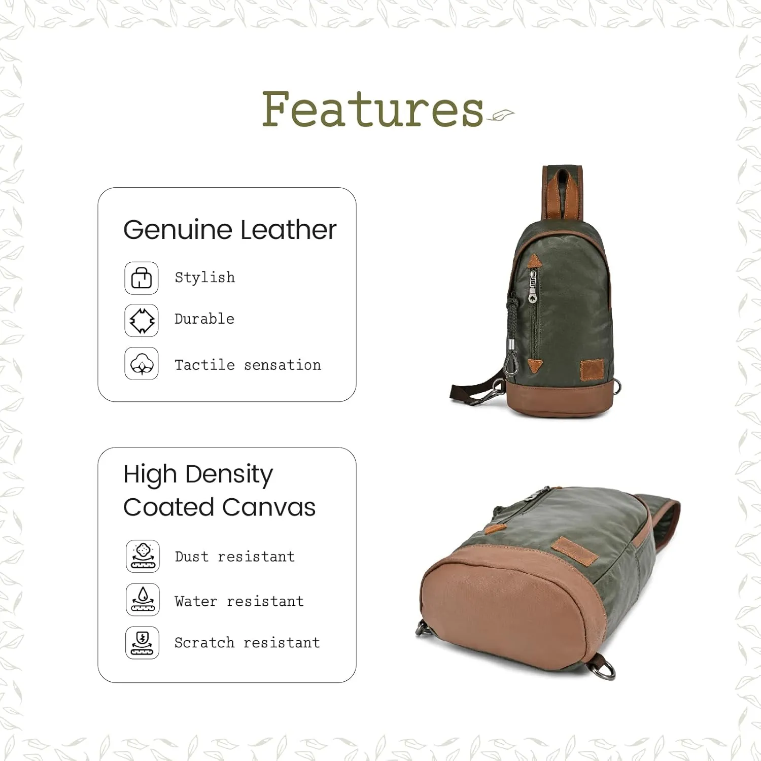 TSD Brand Urban Light Sling Bag | Coated Cotton Canvas, Genuine Leather Accents, Retro Design, Adjustable Strap