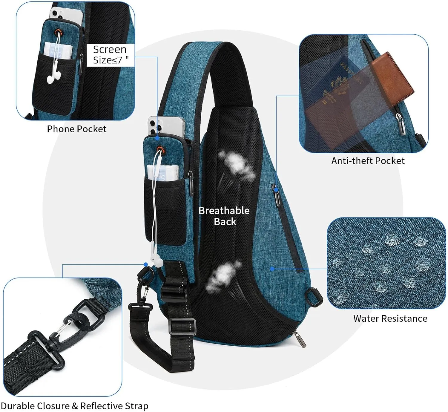TUDEQU Sling backpack, 8 Pockets Sling Bag Crossbody, 19L Large Sling Bag for Men Travel Crossbody Backpack Hiking Outdoor