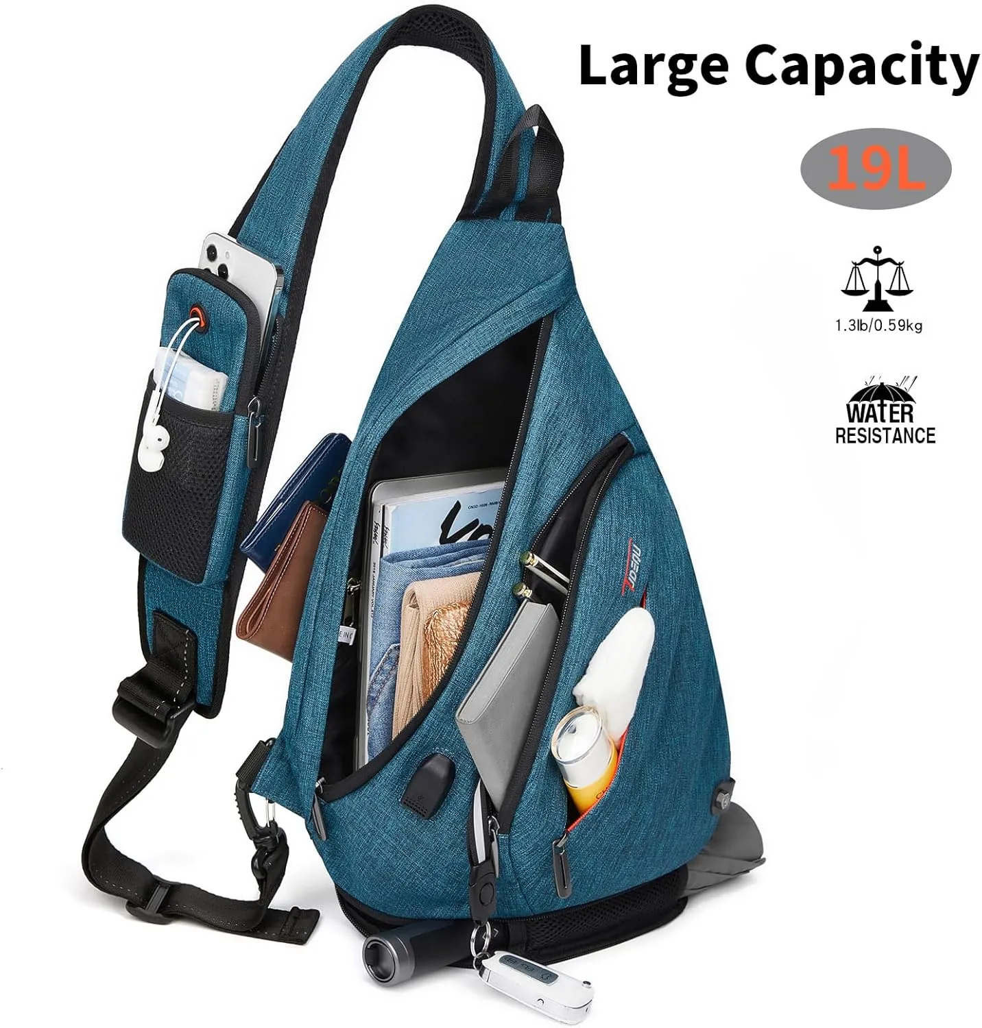 TUDEQU Sling backpack, 8 Pockets Sling Bag Crossbody, 19L Large Sling Bag for Men Travel Crossbody Backpack Hiking Outdoor