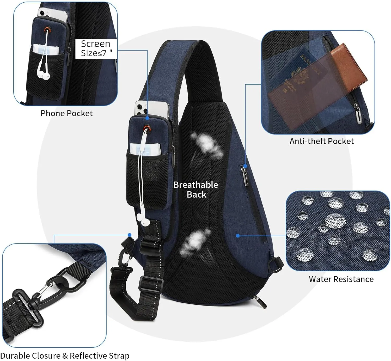 TUDEQU Sling backpack, 8 Pockets Sling Bag Crossbody, 19L Large Sling Bag for Men Travel Crossbody Backpack Hiking Outdoor