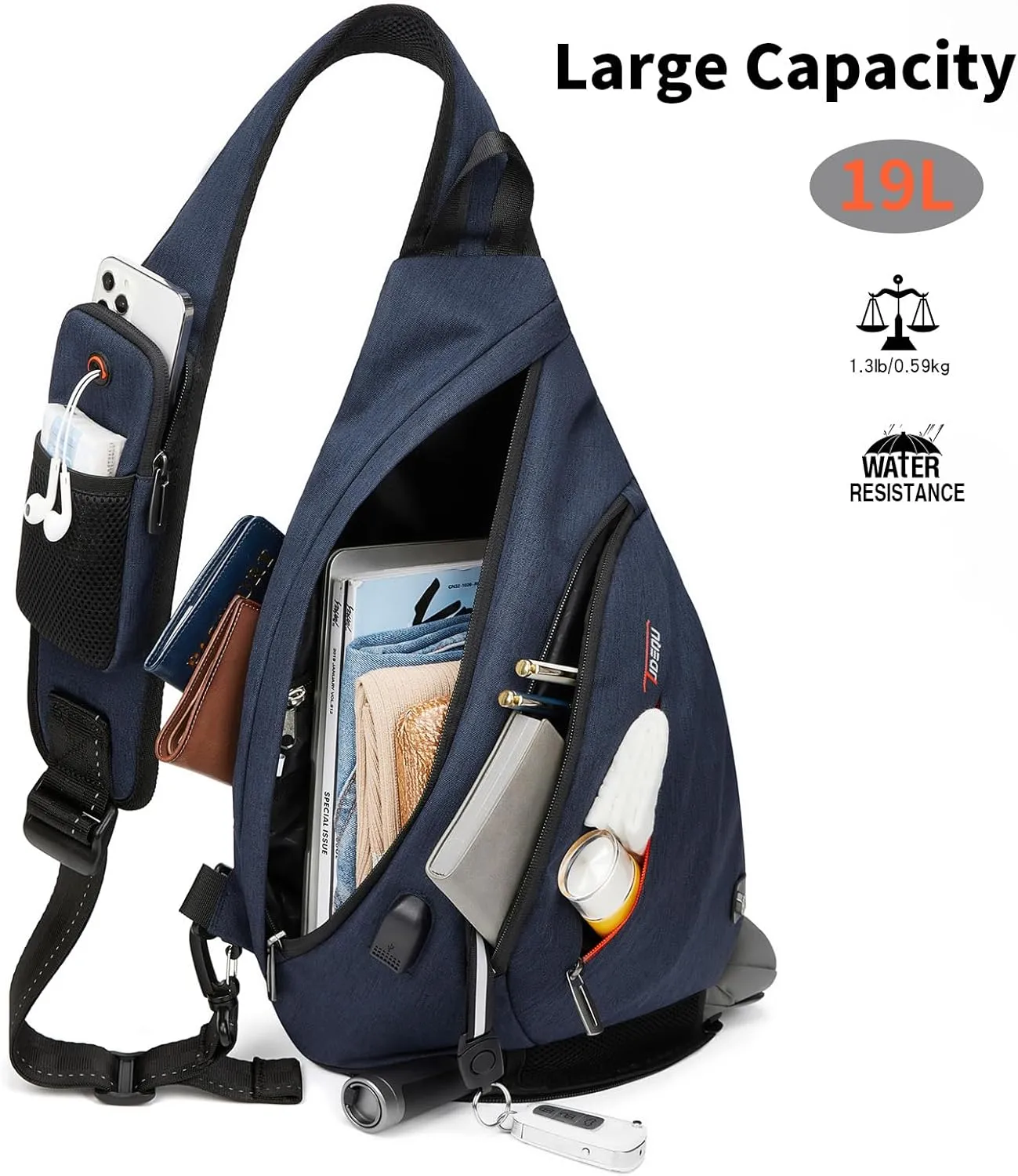 TUDEQU Sling backpack, 8 Pockets Sling Bag Crossbody, 19L Large Sling Bag for Men Travel Crossbody Backpack Hiking Outdoor