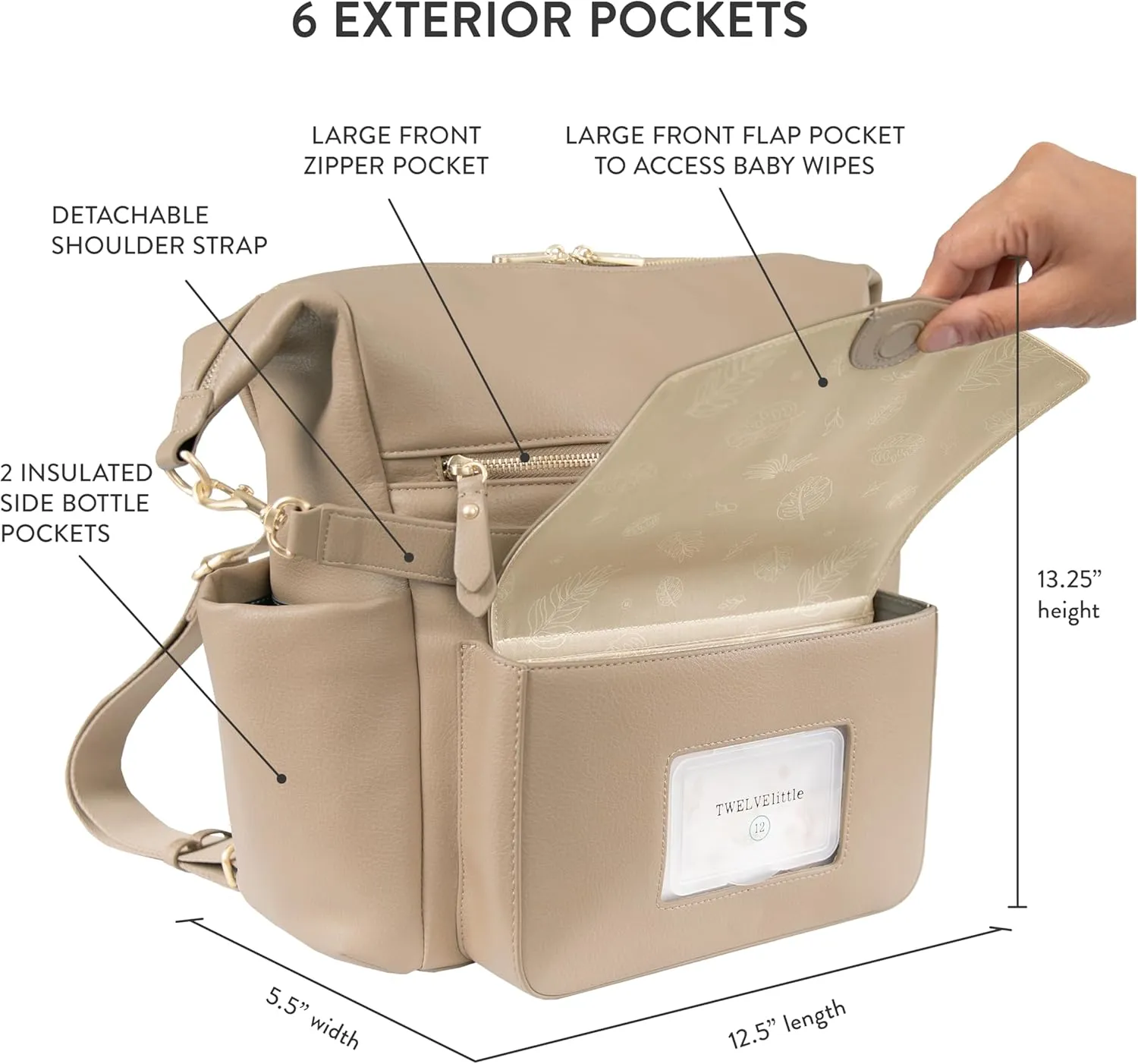 TWELVElittle Peek A Boo Convertible Hobo Diaperbag Backpack with Changing Pad, Wipes Case and Stroller Clips, Vegan Leather (Taupe)