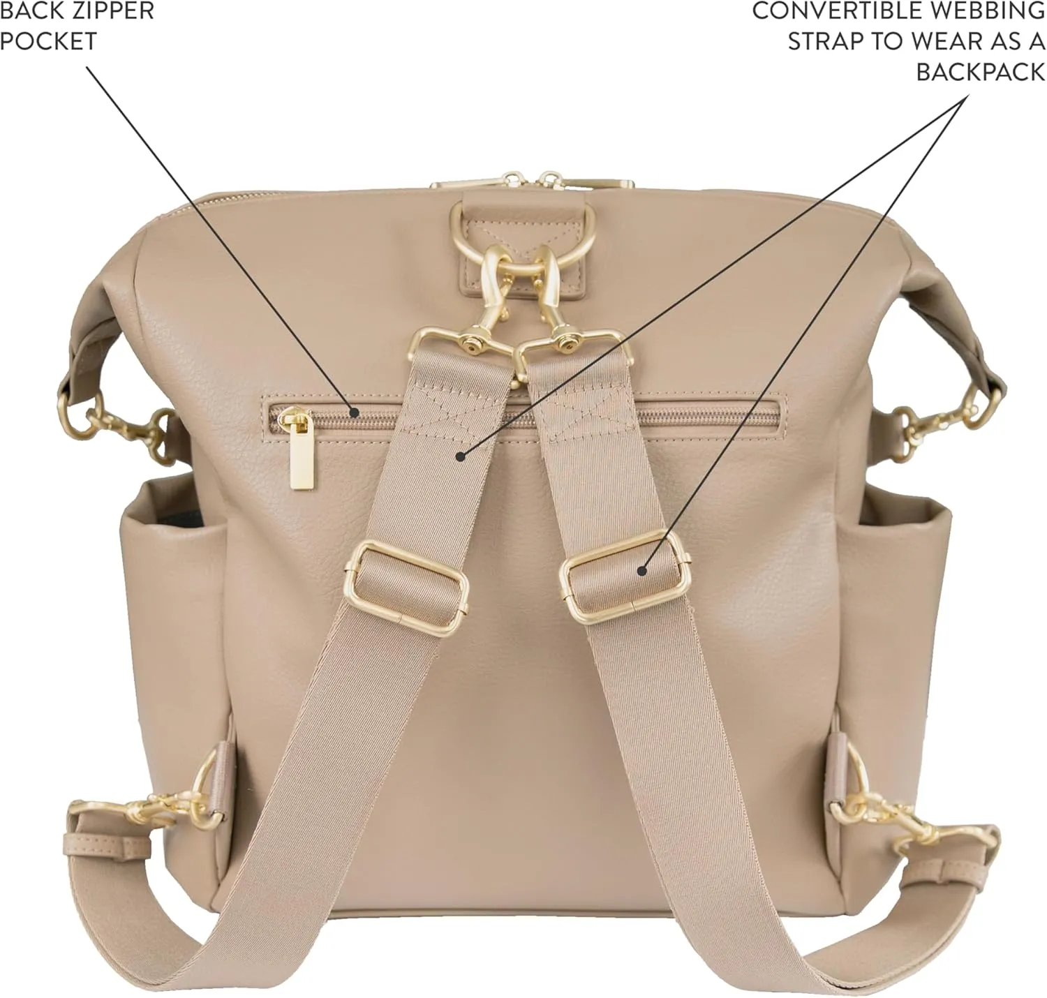 TWELVElittle Peek A Boo Convertible Hobo Diaperbag Backpack with Changing Pad, Wipes Case and Stroller Clips, Vegan Leather (Taupe)