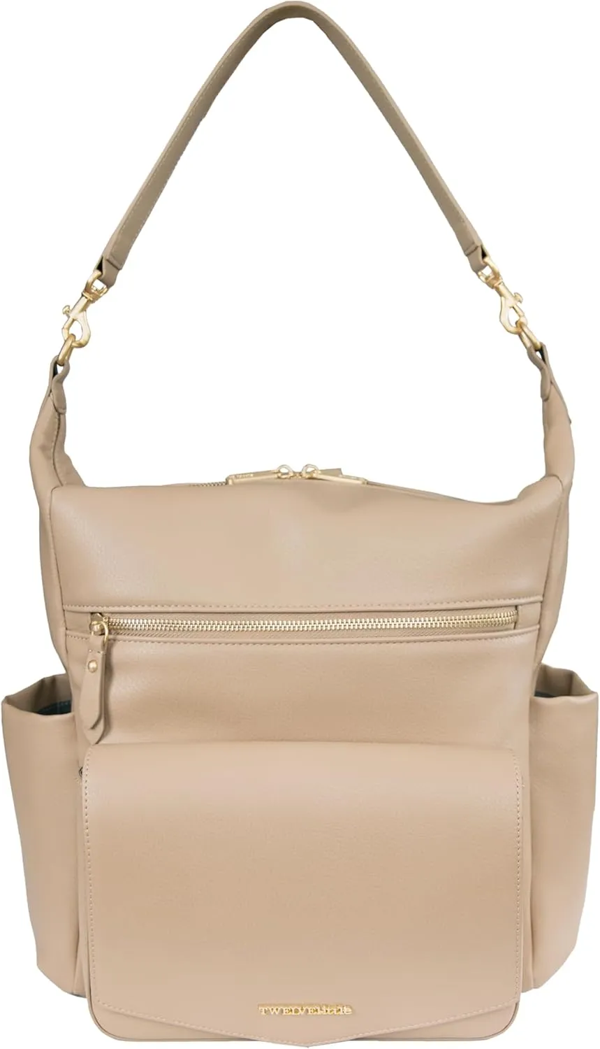 TWELVElittle Peek A Boo Convertible Hobo Diaperbag Backpack with Changing Pad, Wipes Case and Stroller Clips, Vegan Leather (Taupe)